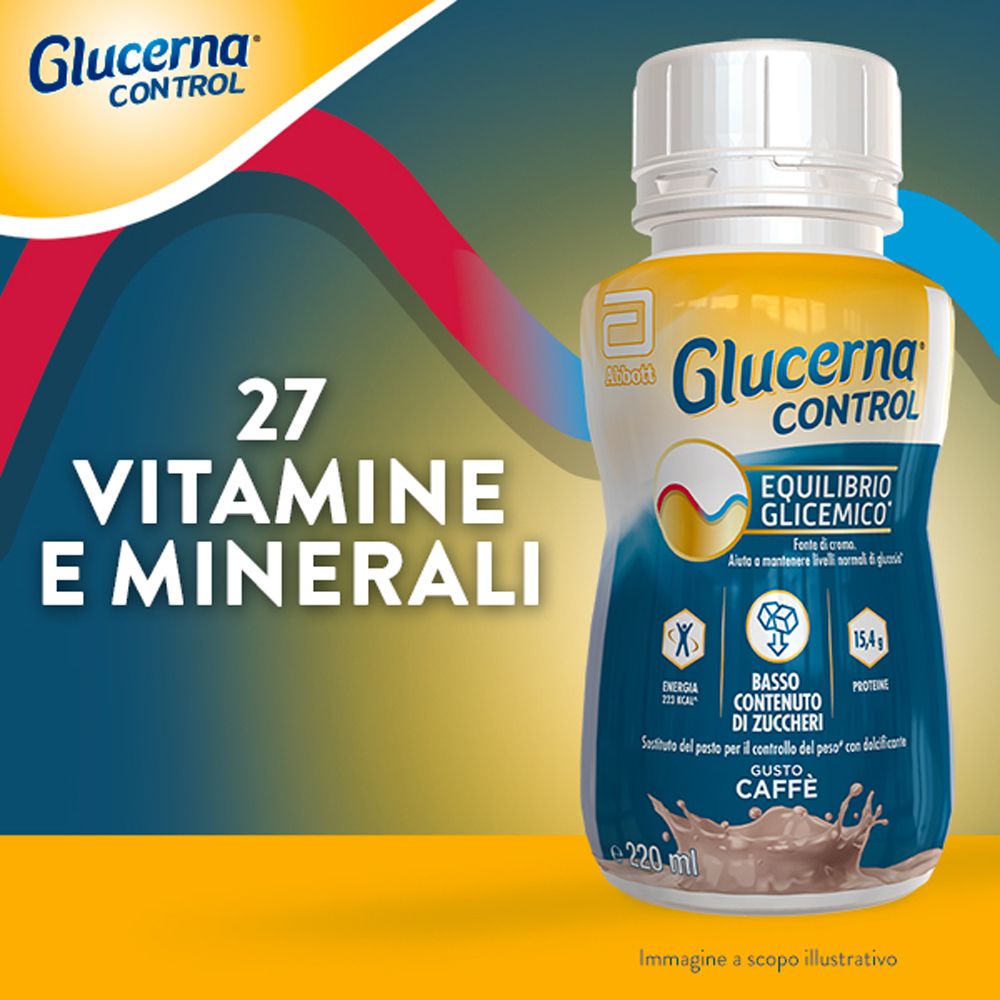 Bottiglia con scritta: Glucerna Control, Equilibrio Glicemico, caffè. Contiene 27 vitamine e minerali. 220 ml.