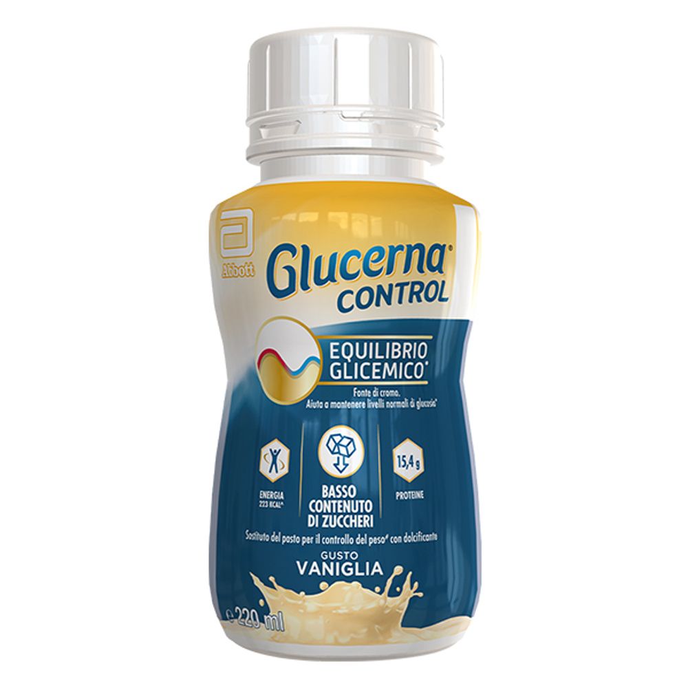 Bottiglia Glucerna Control 200ml Vaniglia con informazioni nutrizionali.
