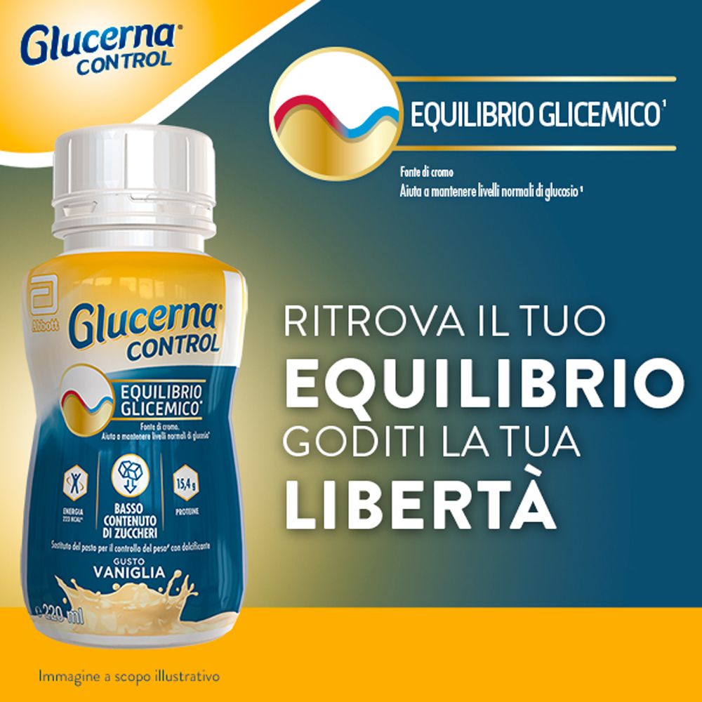 Bottiglia con scritta: Glucerna Control, Equilibrio Glicemico, Vaniglia. Sfondo blu.