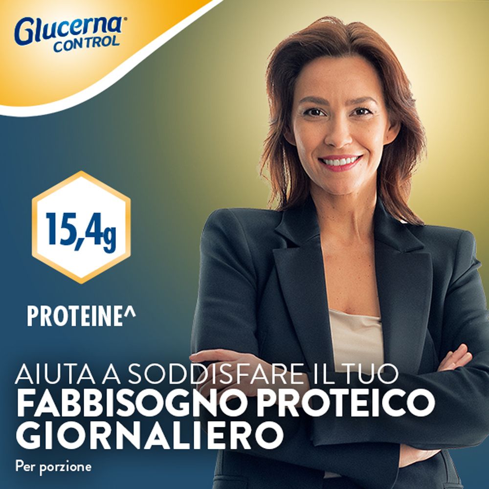 Donna sorride, testo Glucerna Control: "15,4g PROTEINE", "AIUTA A SODDISFARE IL TUO FABBISOGNO PROTEICO GIORNALIERO".