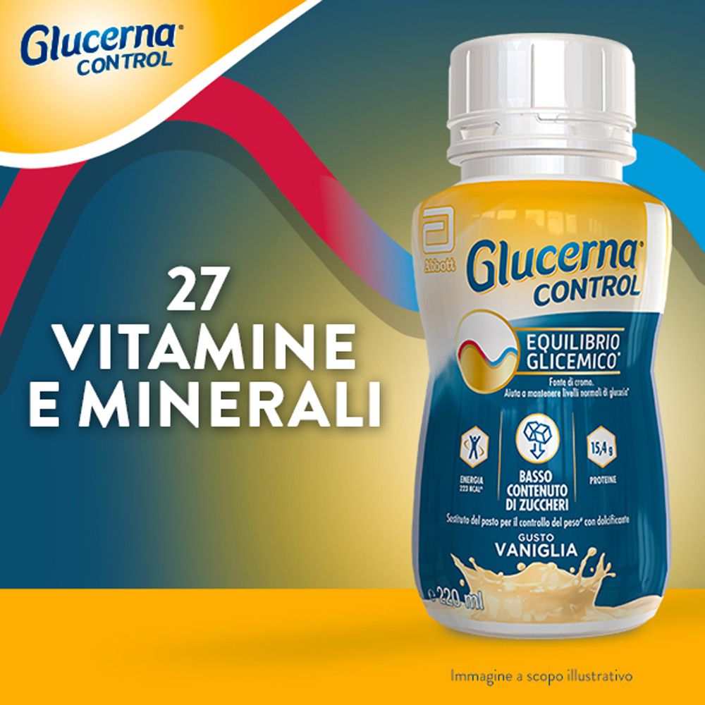 Bottiglia con scritta: Glucerna Control, Equilibrio Glicemico, Vaniglia. 27 vitamine e minerali.