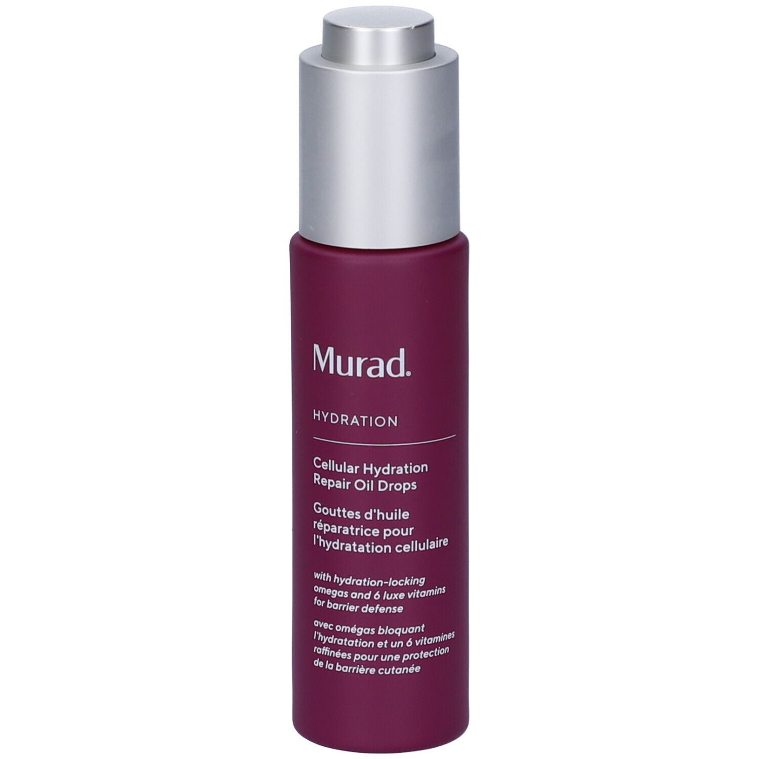 Flacone di siero. Flacone viola con tappo argentato. Scritta: Murad, Hydration, Cellular Hydration Repair Oil Drops.