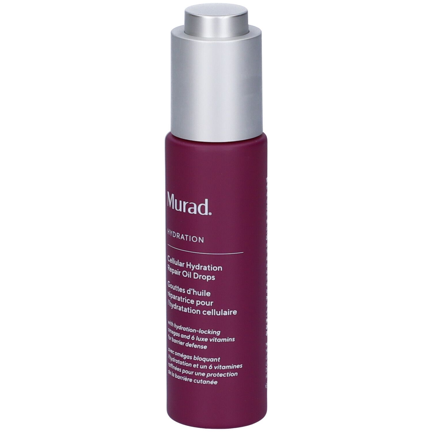 Flacone di siero. Flacone viola con tappo argentato. Scritta: Murad, Hydration, Cellular Hydration Repair Oil Drops.