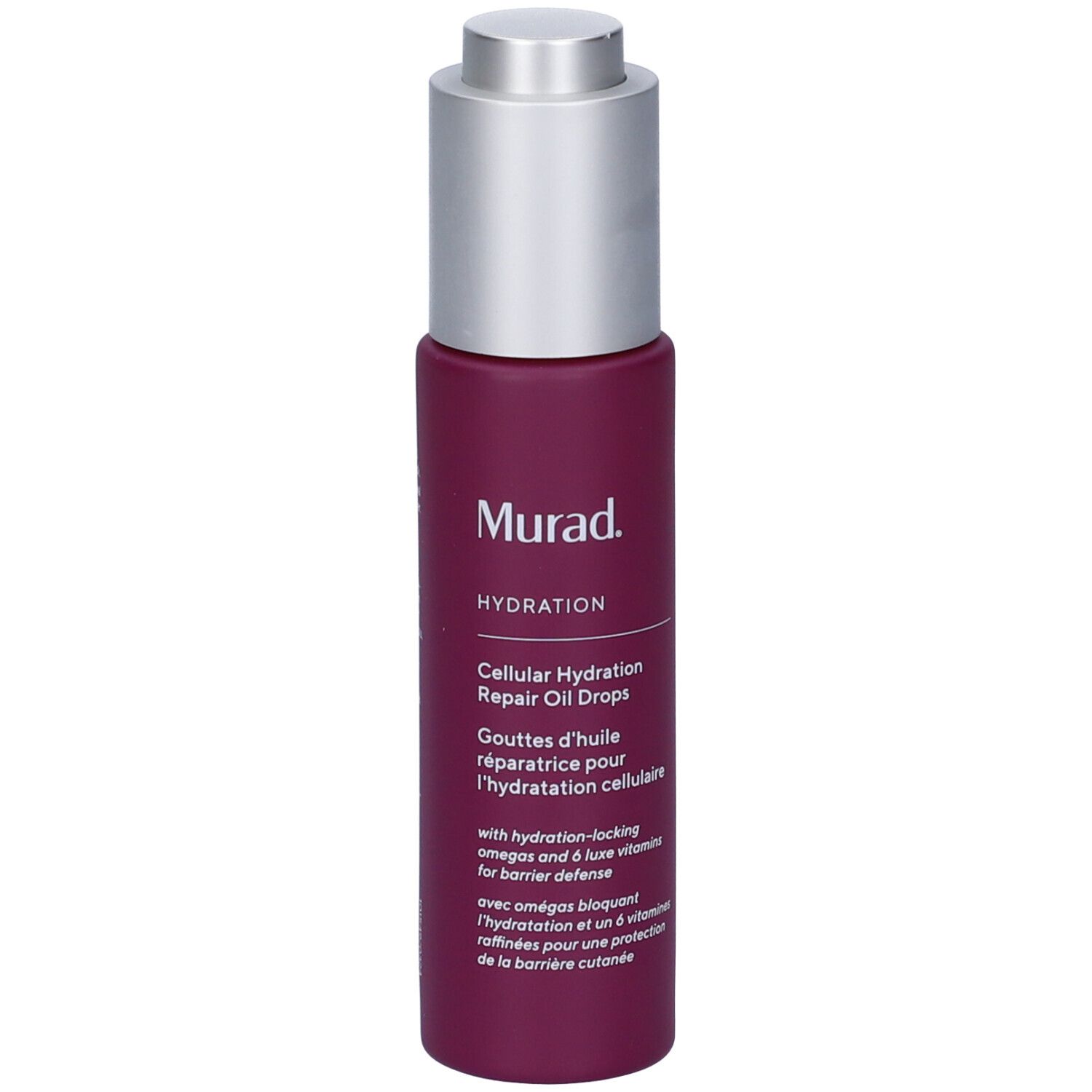 Flacone di siero. Flacone viola con tappo argentato. Scritta: Murad, Hydration, Cellular Hydration Repair Oil Drops.