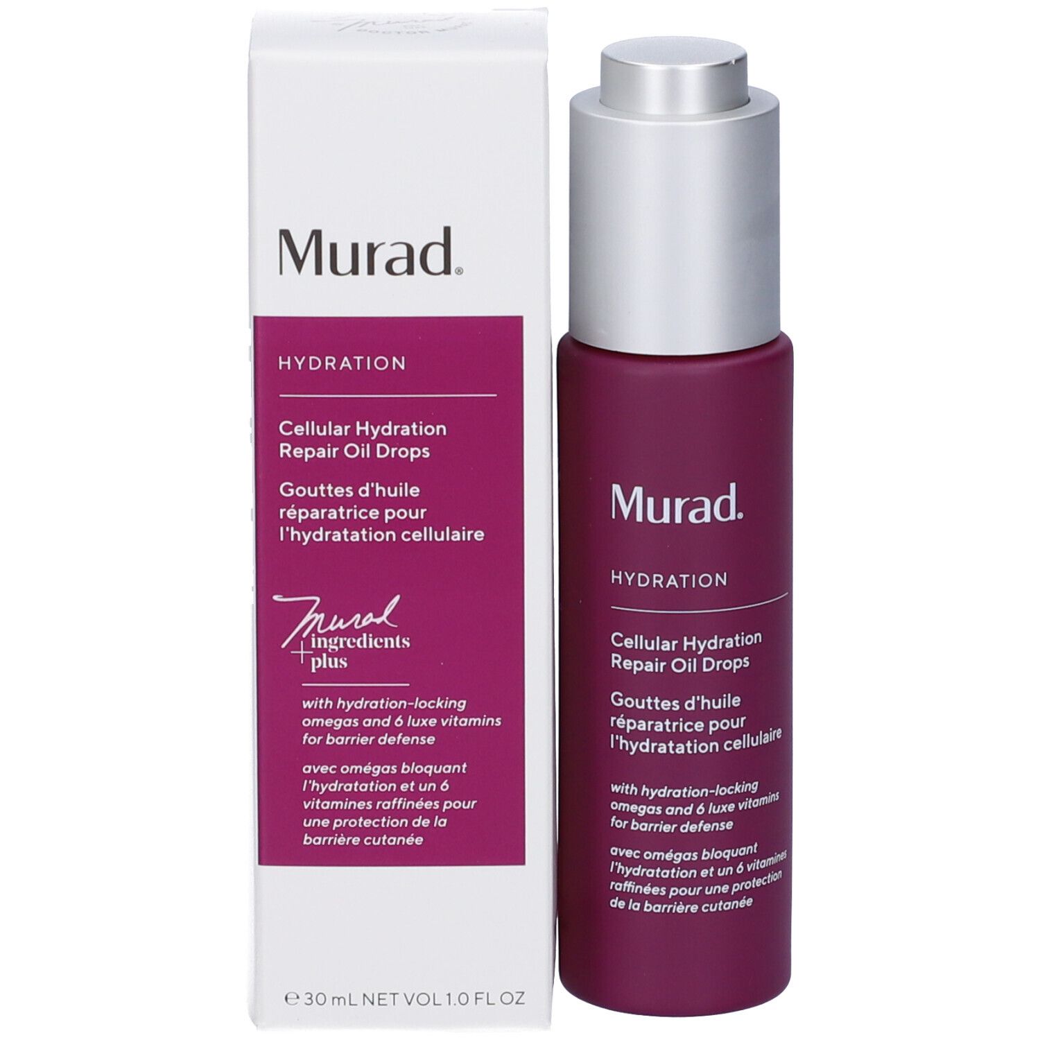 Flacone di siero e confezione. Flacone viola e confezione bianca. Scritta: Murad, Hydration, Cellular Hydration Repair Oil Drops.
