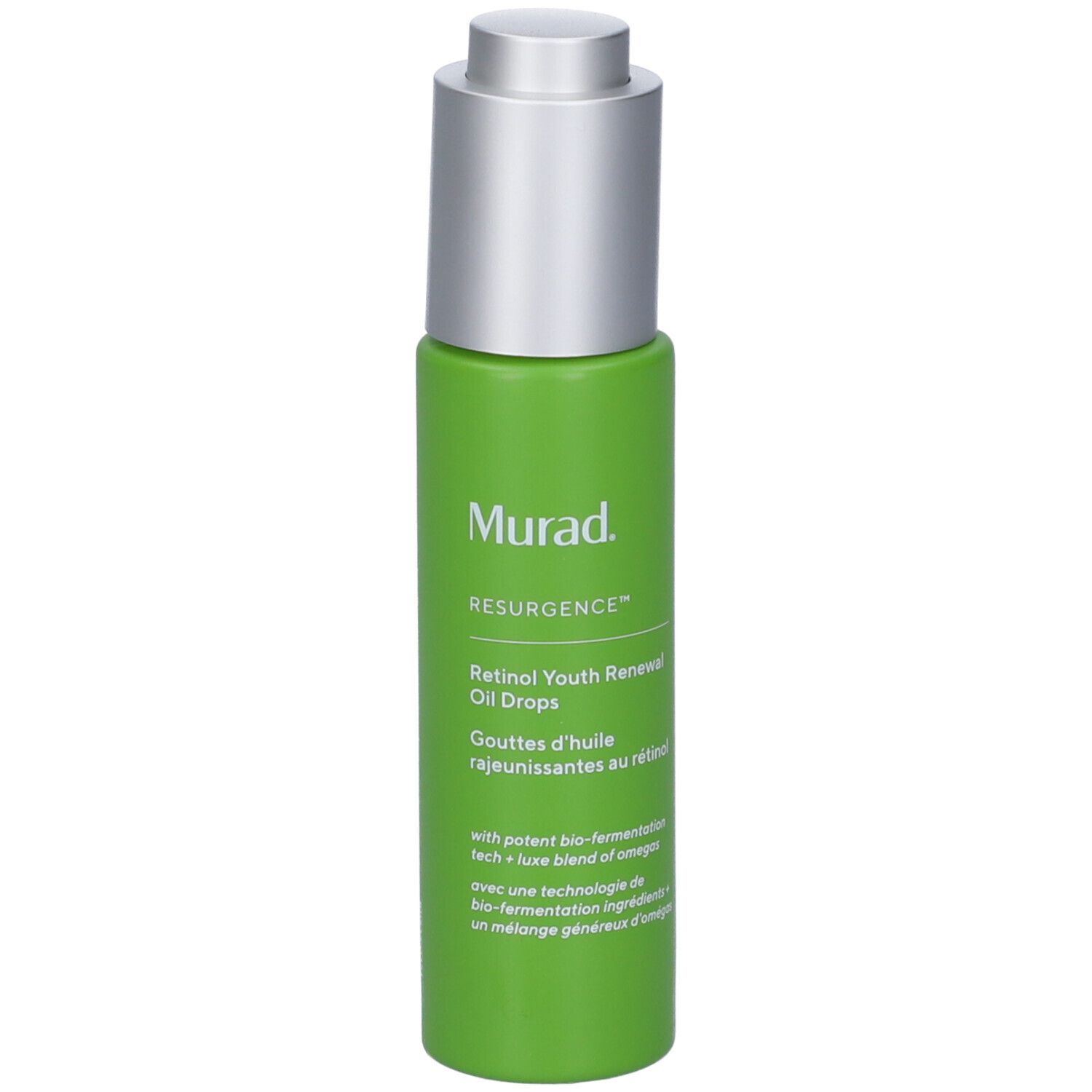 Flacone verde con tappo argentato. Scritta: Murad Resurgence Retinol Youth Renewal Oil Drops.