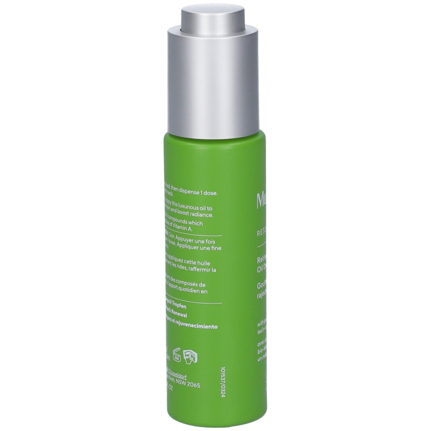 Flacone verde con tappo argentato. Scritta: Murad Resurgence Retinol Youth Renewal Oil Drops.