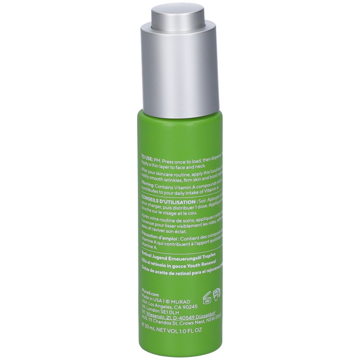 Flacone verde con tappo argentato. Scritta: Murad Resurgence Retinol Youth Renewal Oil Drops.