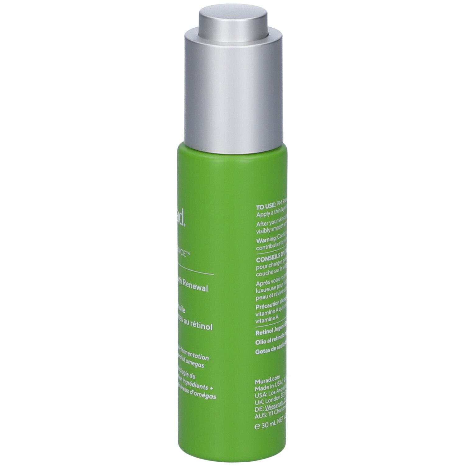 Flacone verde con tappo argentato. Scritta: Murad Resurgence Retinol Youth Renewal Oil Drops.