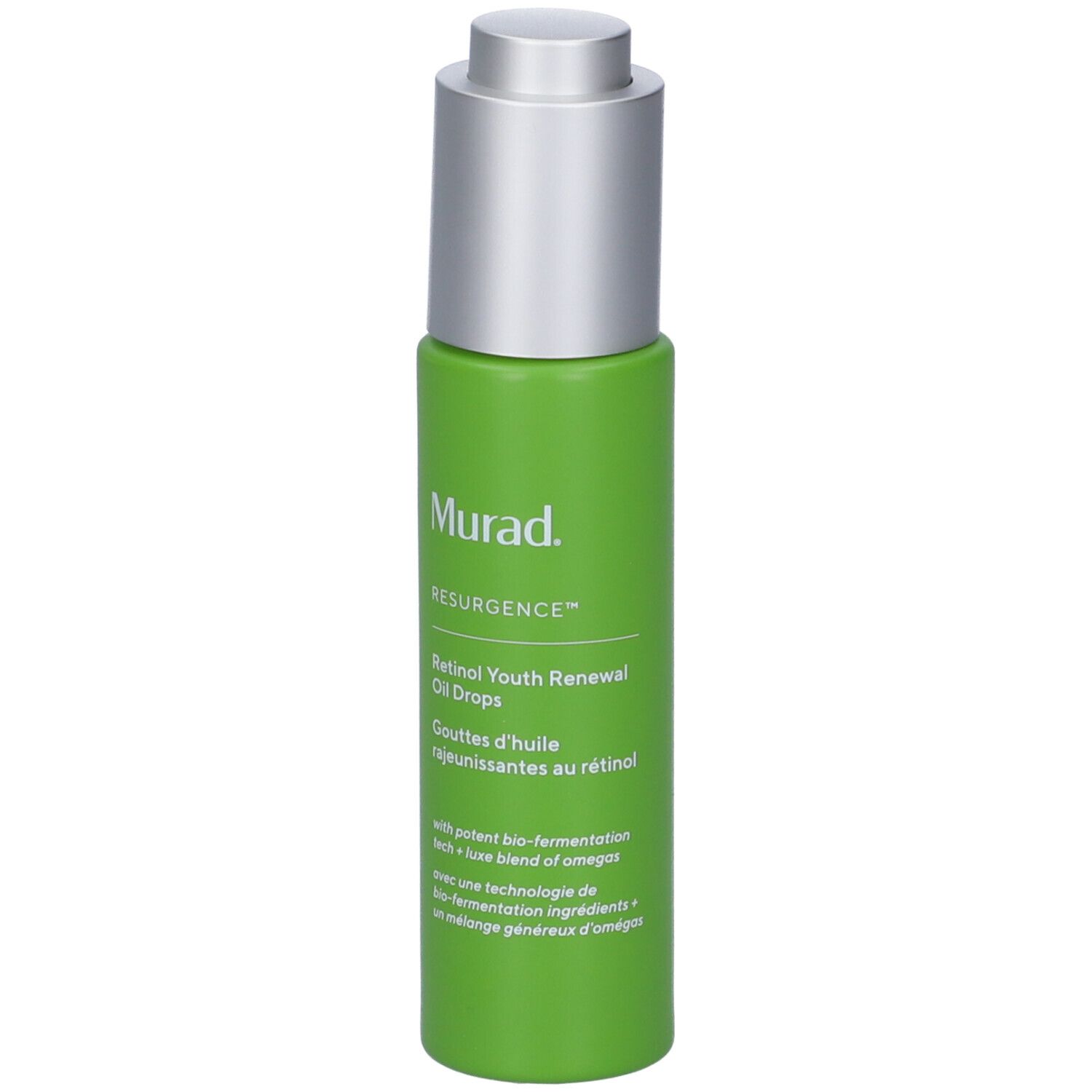 Flacone verde con tappo argentato. Scritta: Murad Resurgence Retinol Youth Renewal Oil Drops.