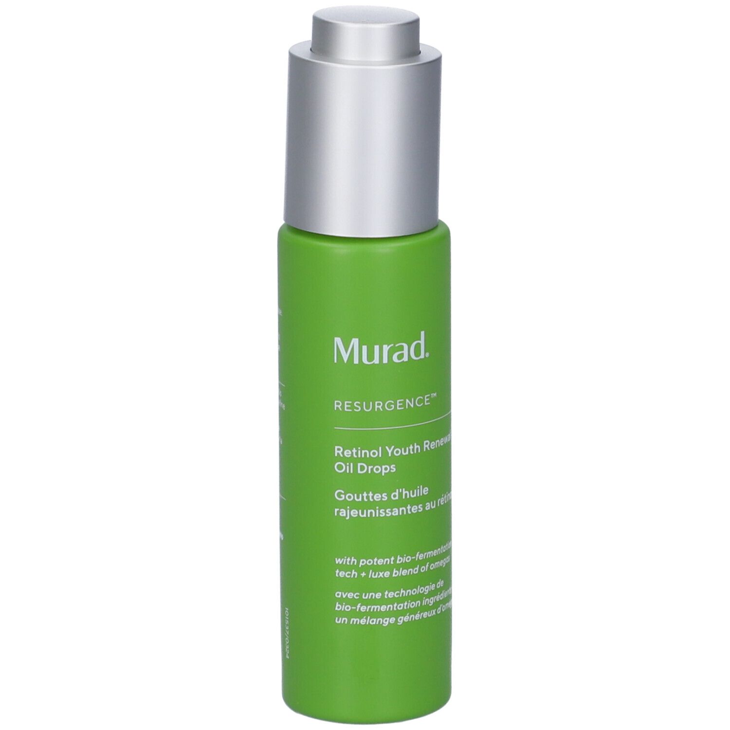 Flacone verde con tappo argentato. Scritta: Murad Resurgence Retinol Youth Renewal Oil Drops.
