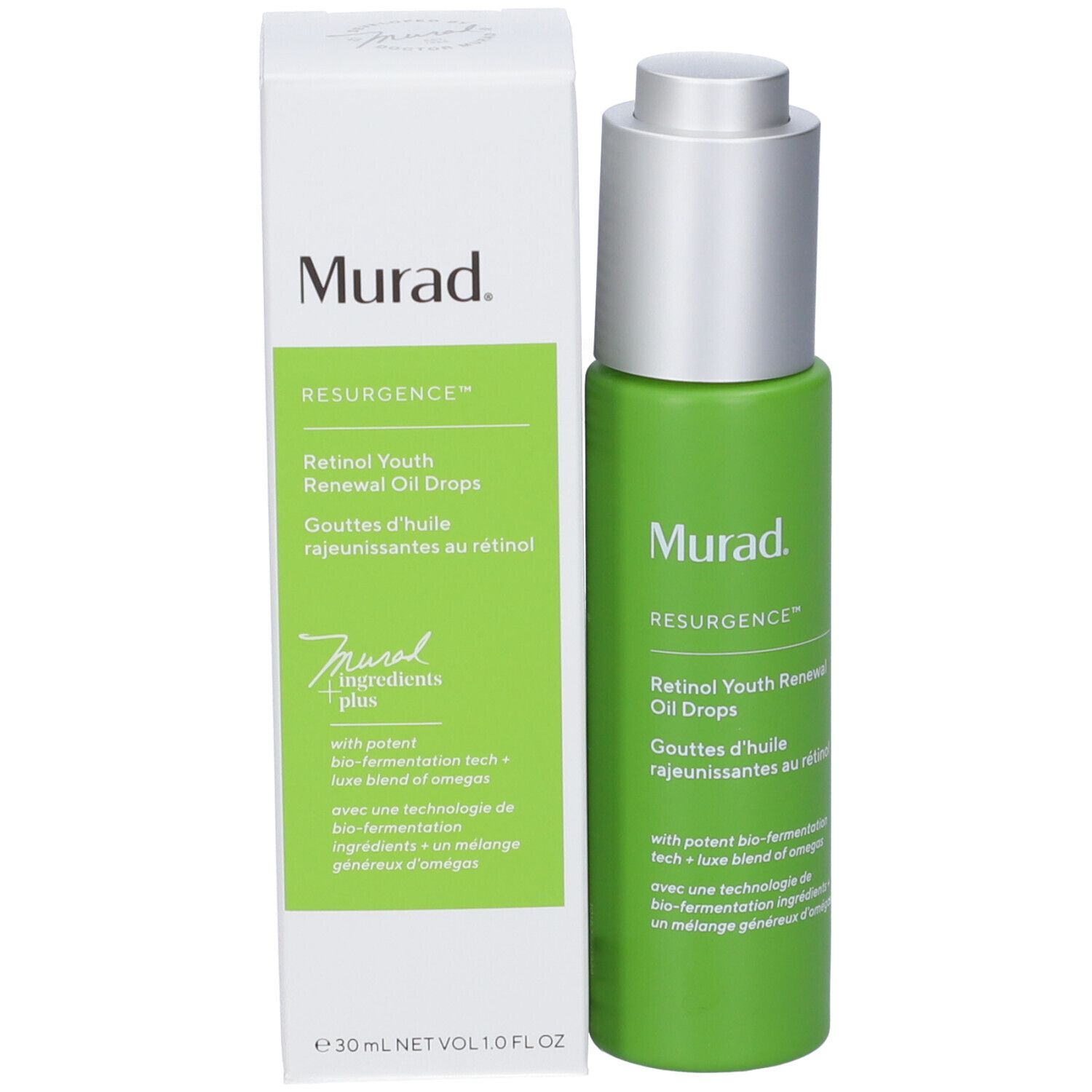 Flacone e confezione del prodotto. Scritta: Murad Resurgence Retinol Youth Renewal Oil Drops.