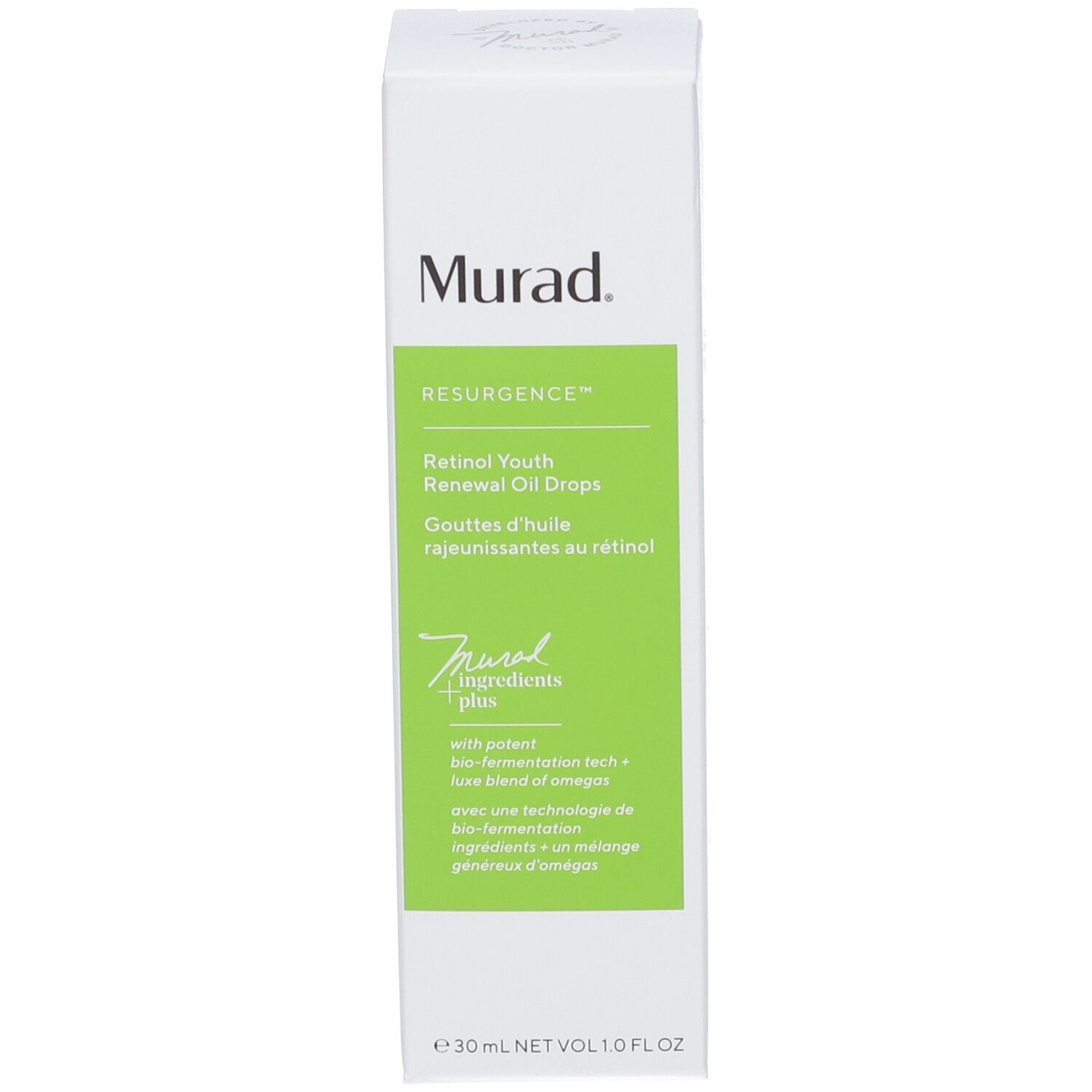 Confezione del prodotto. Scritta: Murad Resurgence Retinol Youth Renewal Oil Drops.