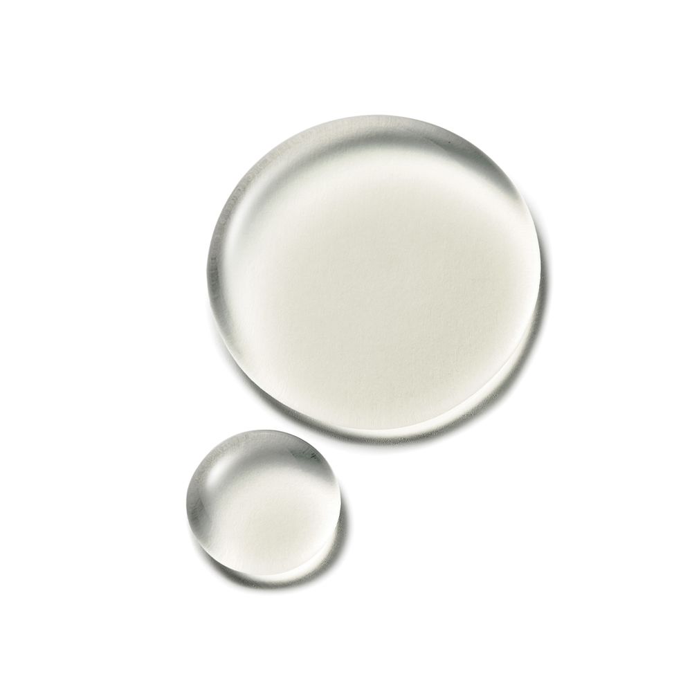 Due gocce d'olio trasparenti su sfondo bianco. Una grande e una piccola goccia.