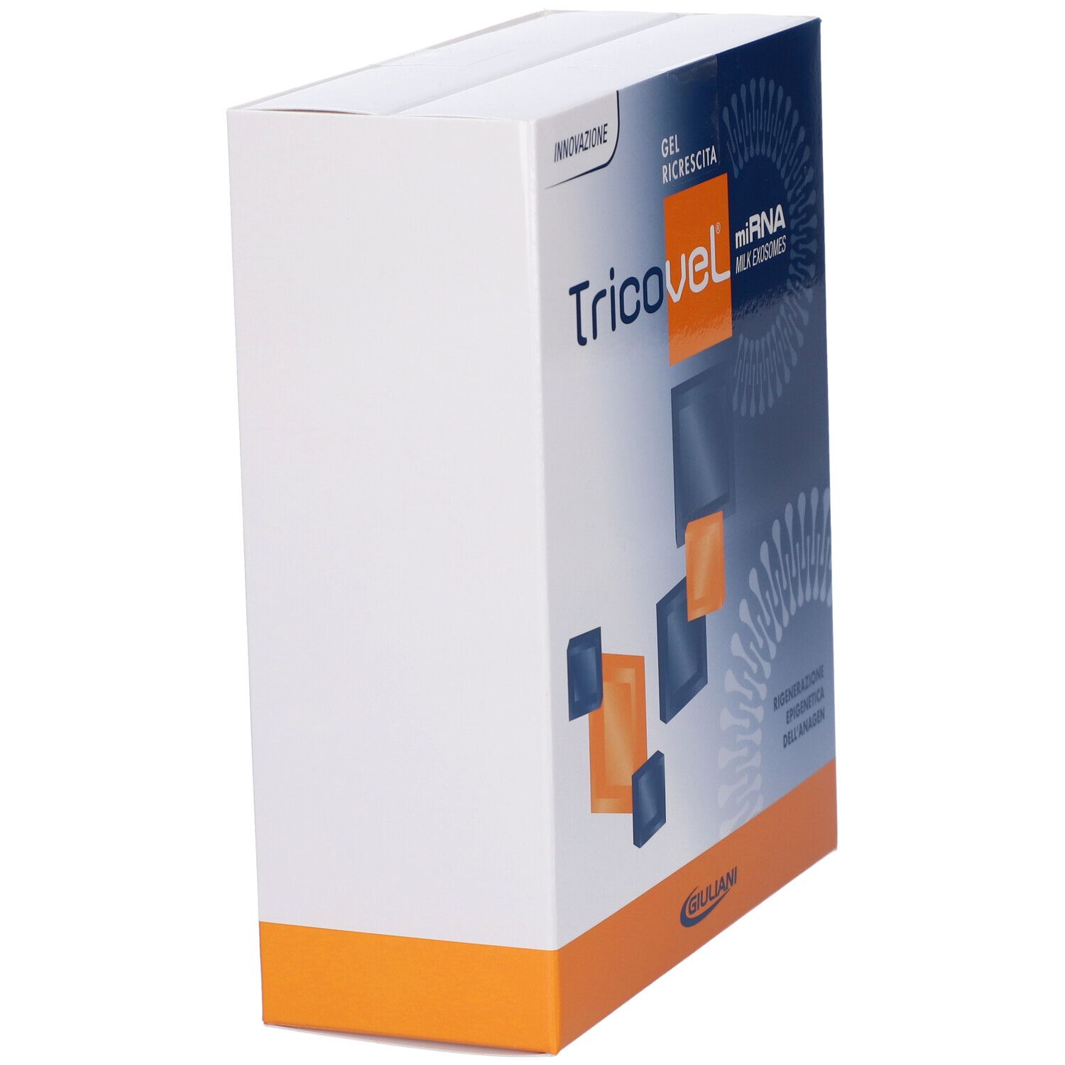 Vista obliqua della confezione Tricovel. Bianco, blu e arancione. Testo: Tricovel, mirna milk exosomes, Giuliani.