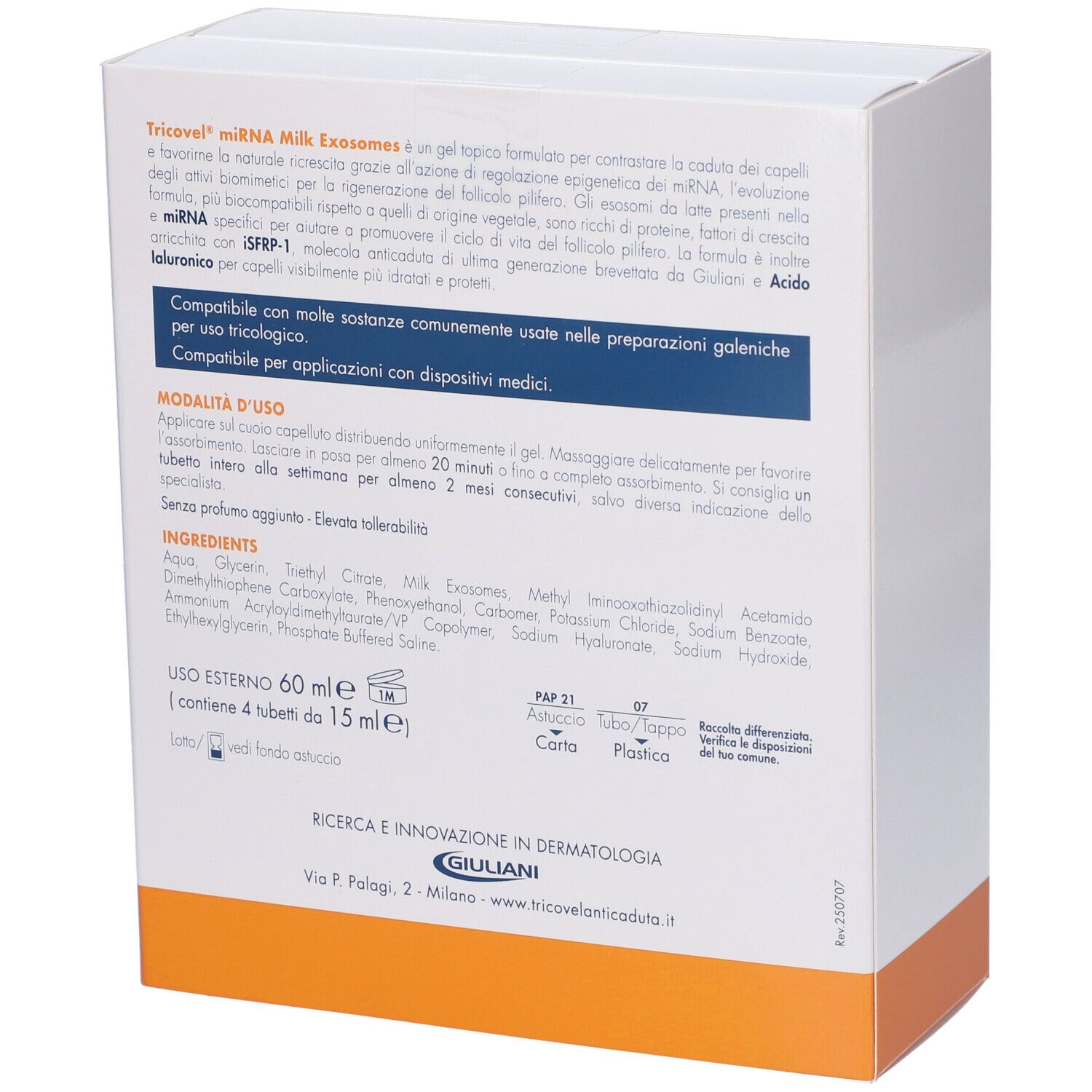 Retro della confezione Tricovel. Testo in italiano. Logo Giuliani. Contiene 4 tubi.