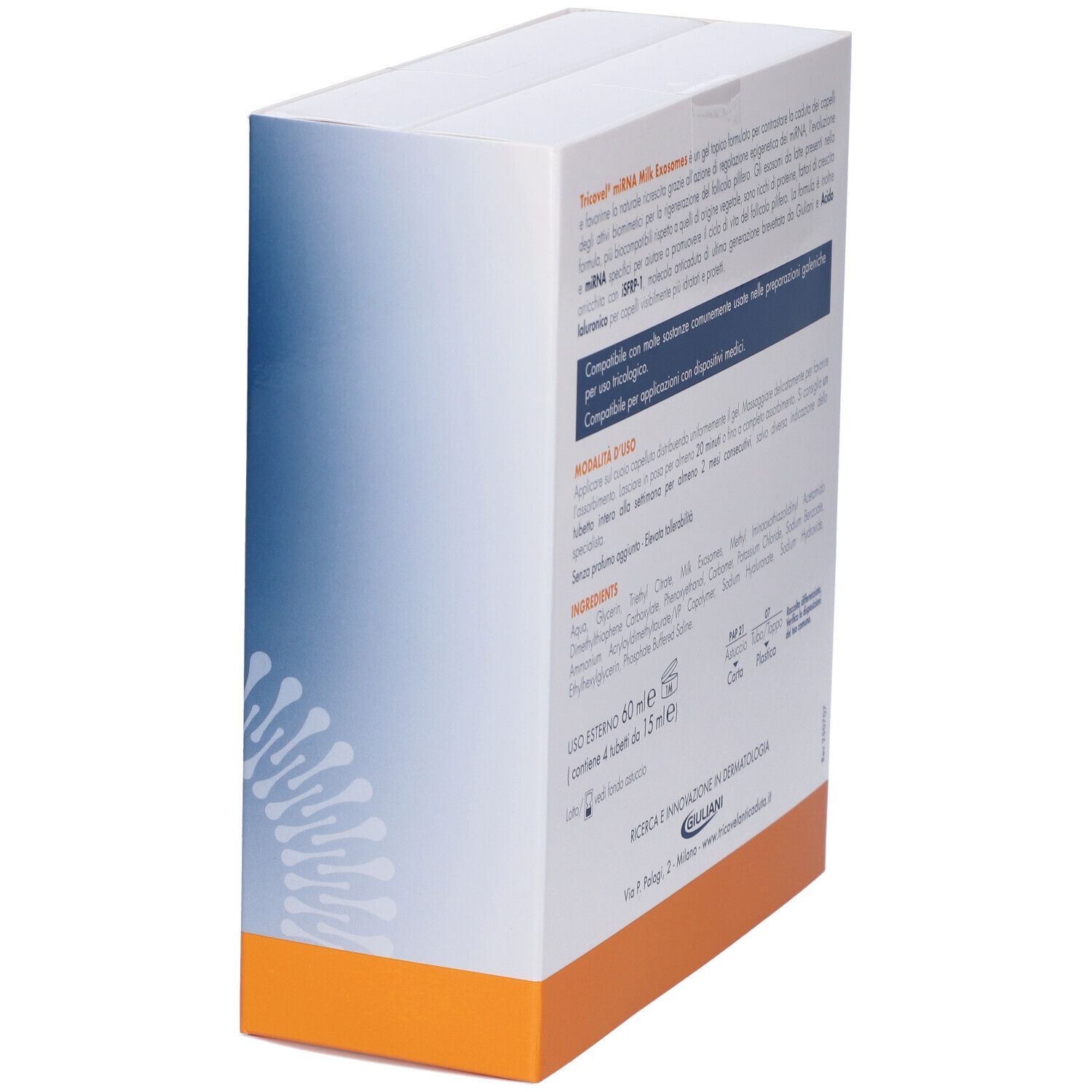 Retro della confezione Tricovel. Testo in italiano. Logo Giuliani. Contiene 4 tubi.