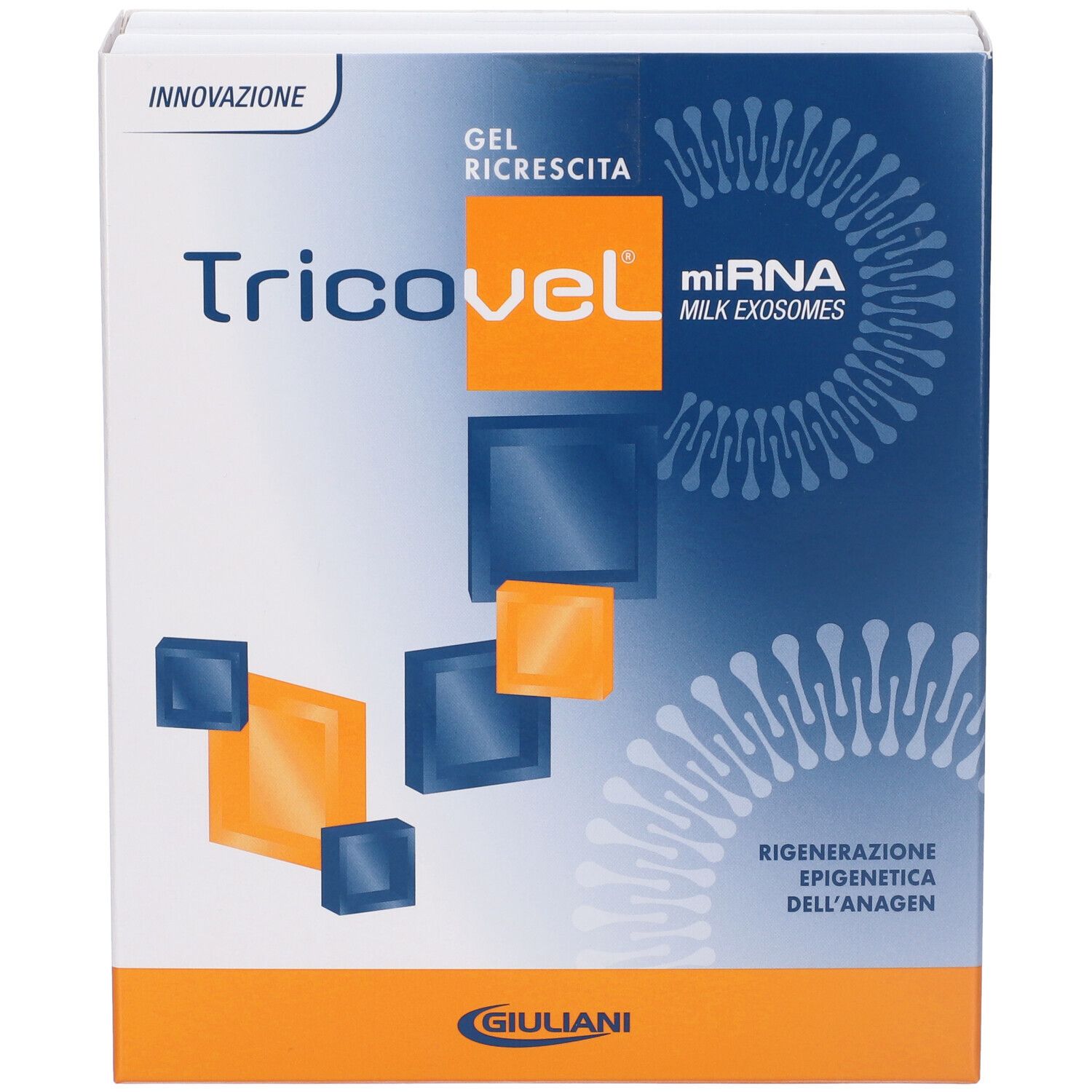 Confezione Tricovel Gel. Elementi blu e arancioni. Testo: Tricovel, mirna milk exosomes, Giuliani.