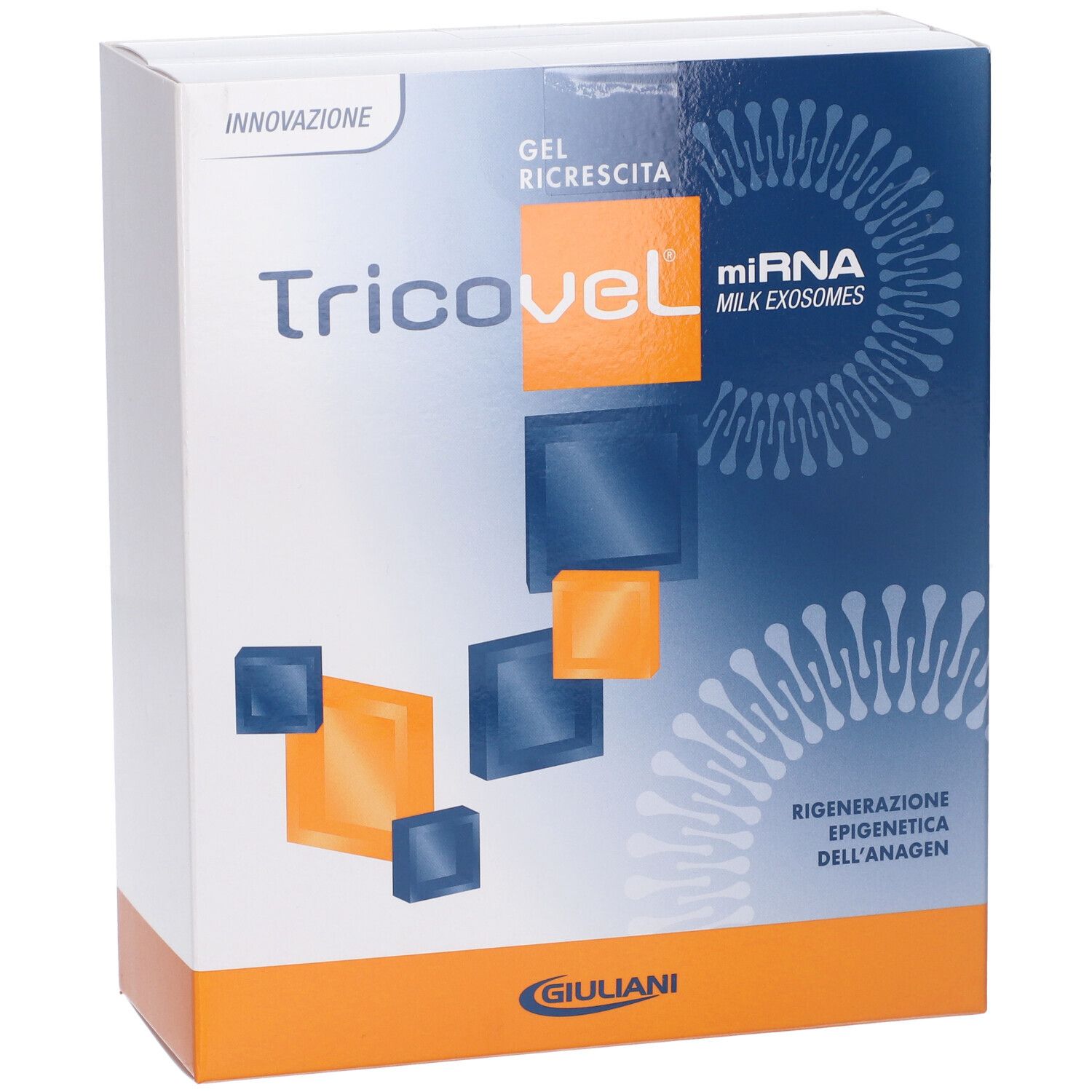 Confezione Tricovel Gel. Elementi blu e arancioni. Testo: Tricovel, mirna milk exosomes, Giuliani.
