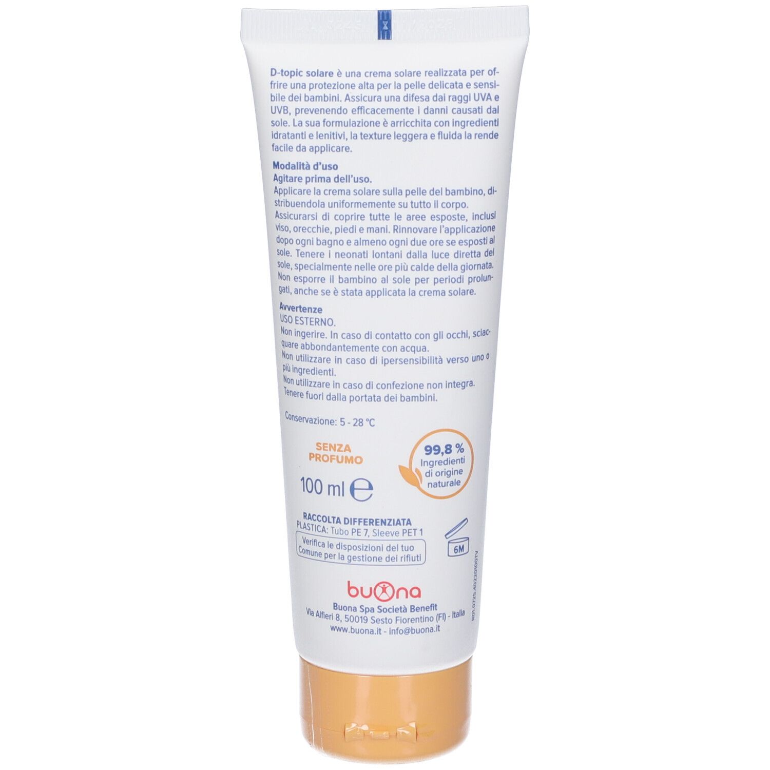 Retro del tubo di crema solare D-Topic Solare. Contiene istruzioni per l'uso e ingredienti.