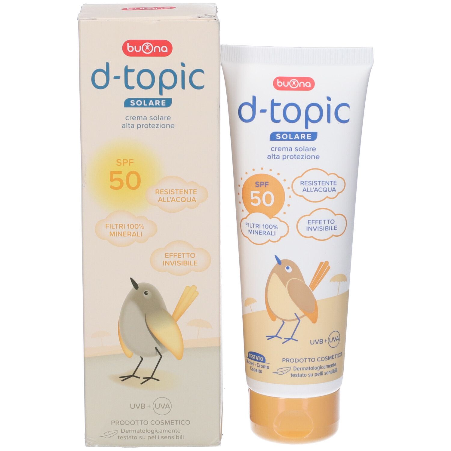 D-Topic Solare crema solare e confezione. SPF 50, 100ml. Protezione solare minerale per bambini.