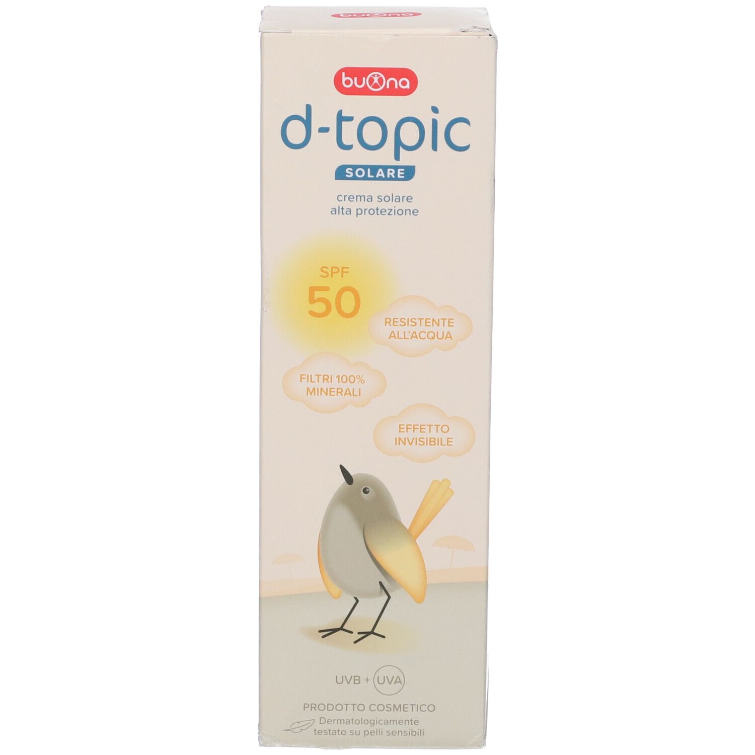 Confezione della crema solare D-Topic Solare. Mostra SPF 50, filtri minerali e un motivo a uccello.
