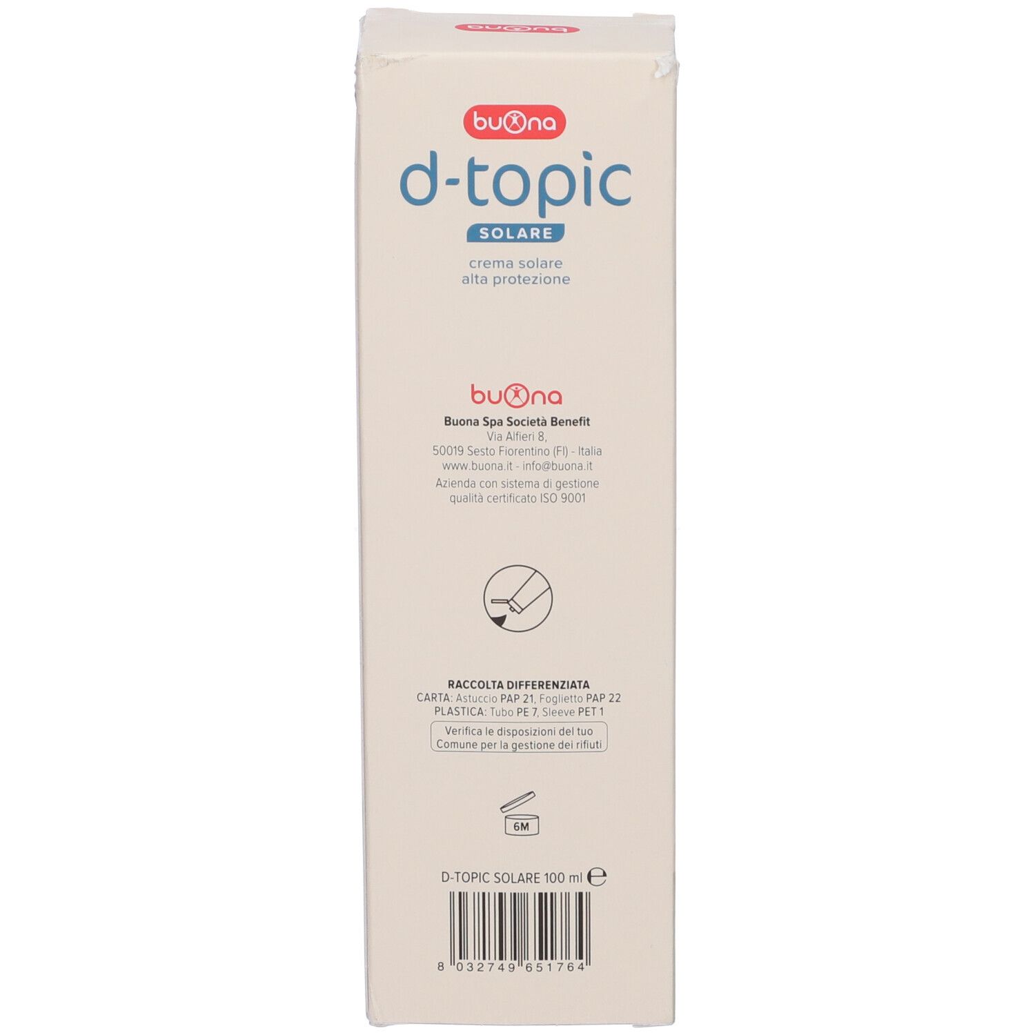 Retro della confezione della crema solare D-Topic Solare. Contiene informazioni sul produttore e codice a barre.