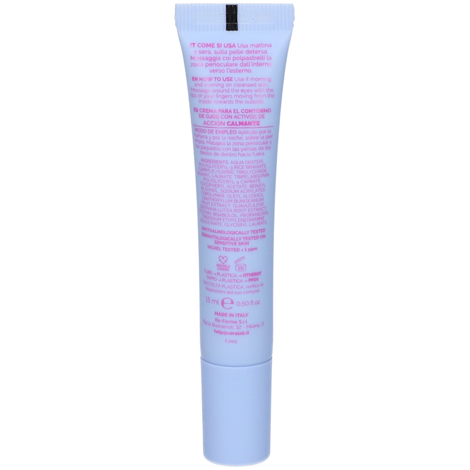 Retro del tubo azzurro chiaro. Testo multilingue. Contiene informazioni sul prodotto e ingredienti.