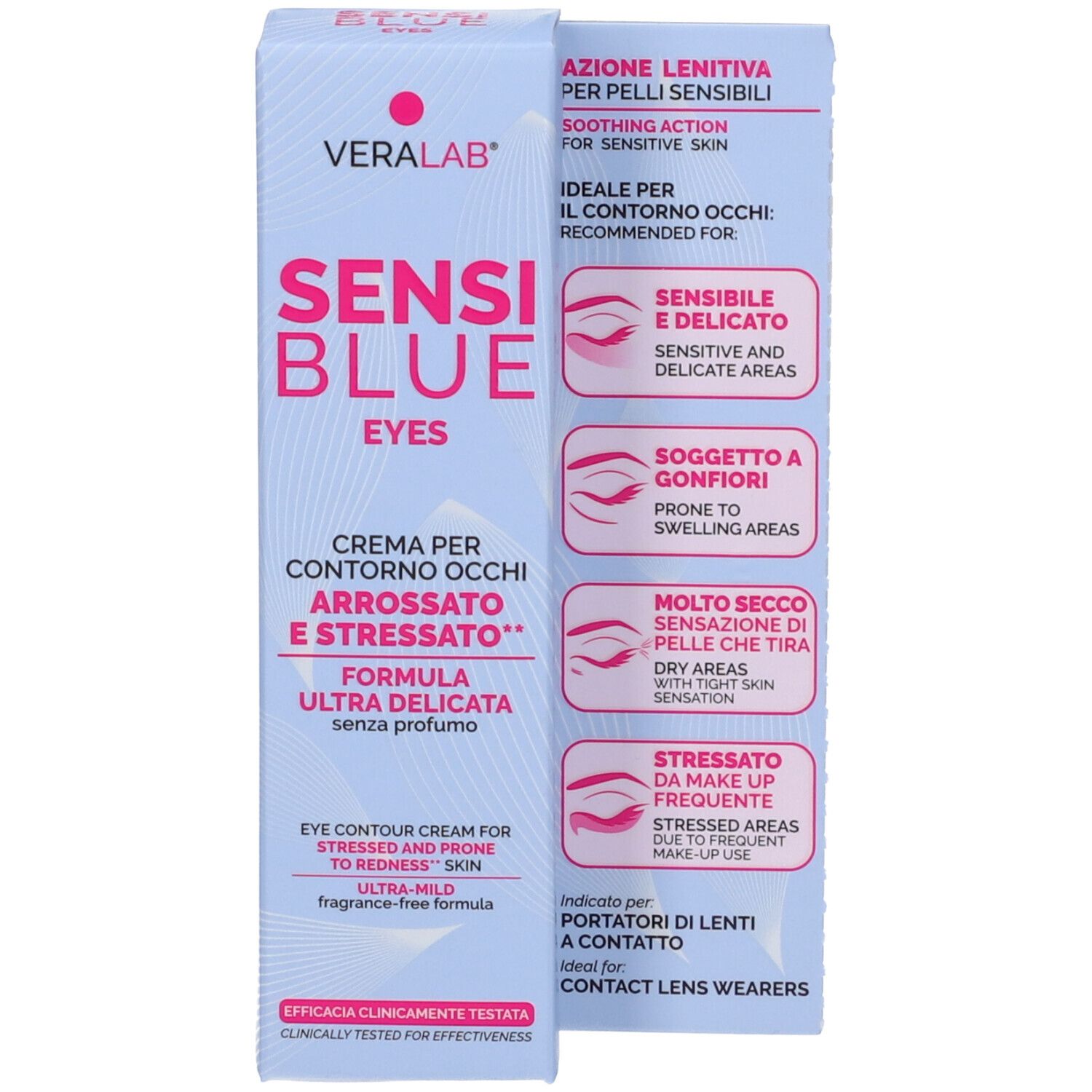 Confezione del prodotto. Azzurro chiaro con testo rosa. Nome prodotto: SENSI BLUE EYES. Contiene informazioni sull'uso e ingredienti.