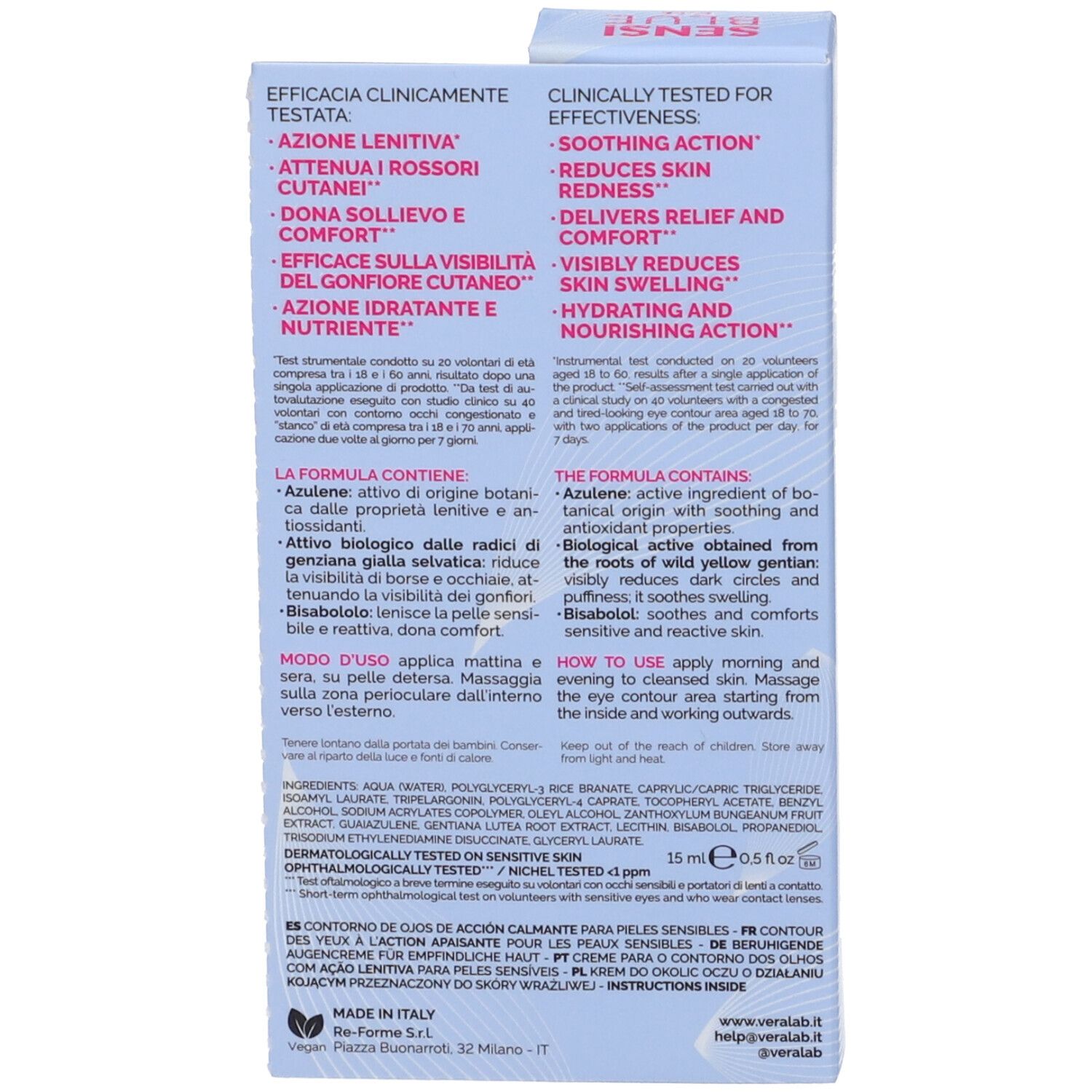 Retro della confezione del prodotto. Testo multilingue. Contiene informazioni sul prodotto e ingredienti.