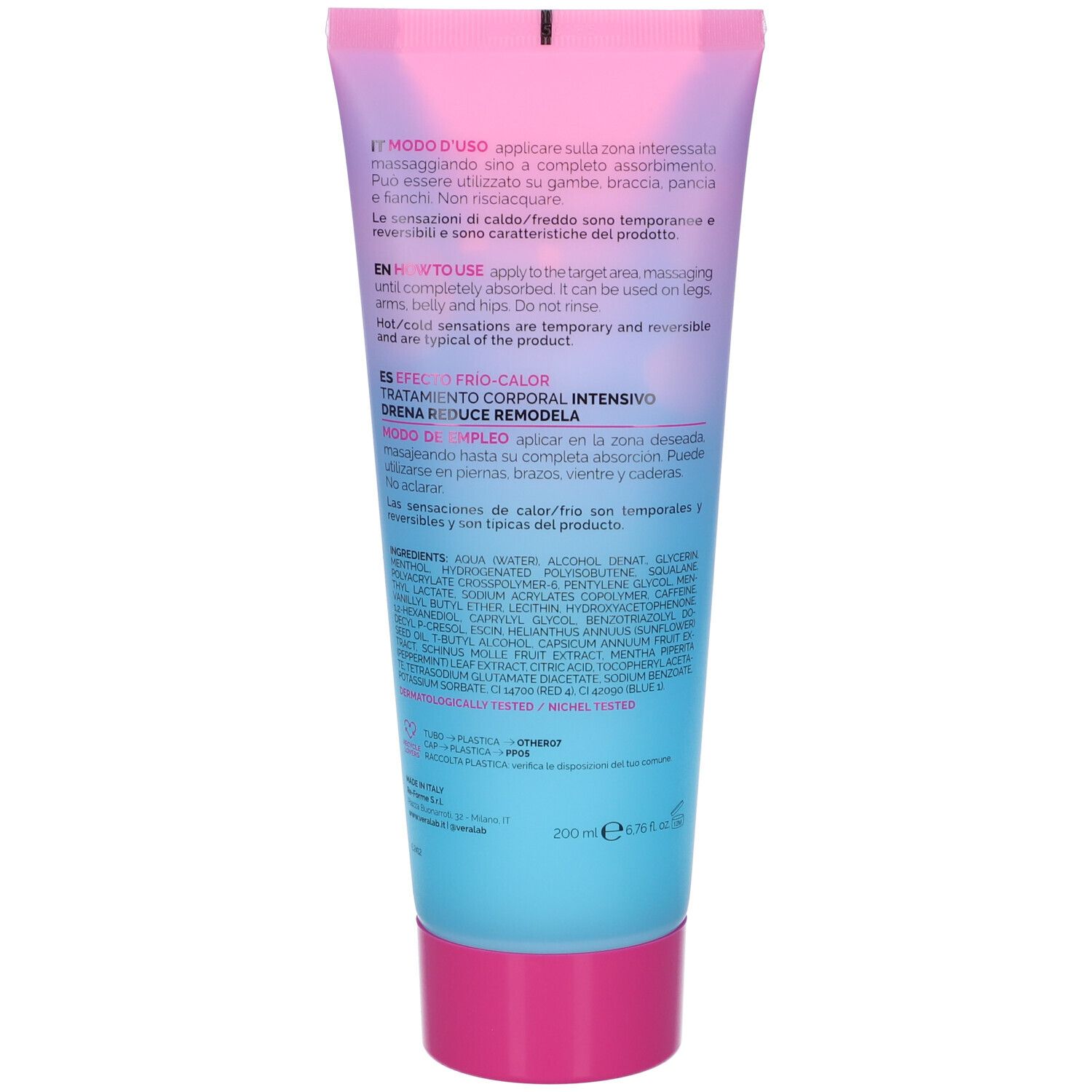 Retro del tubo. Testo multilingue. Ingredienti e istruzioni per l'uso.