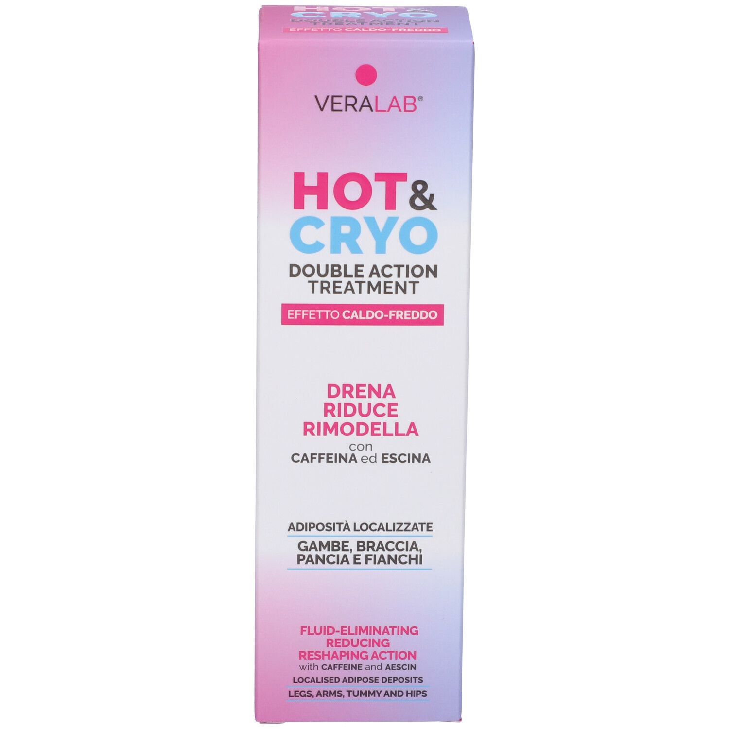 Confezione del prodotto. Confezione rosa e bianca con nome e descrizione del prodotto.