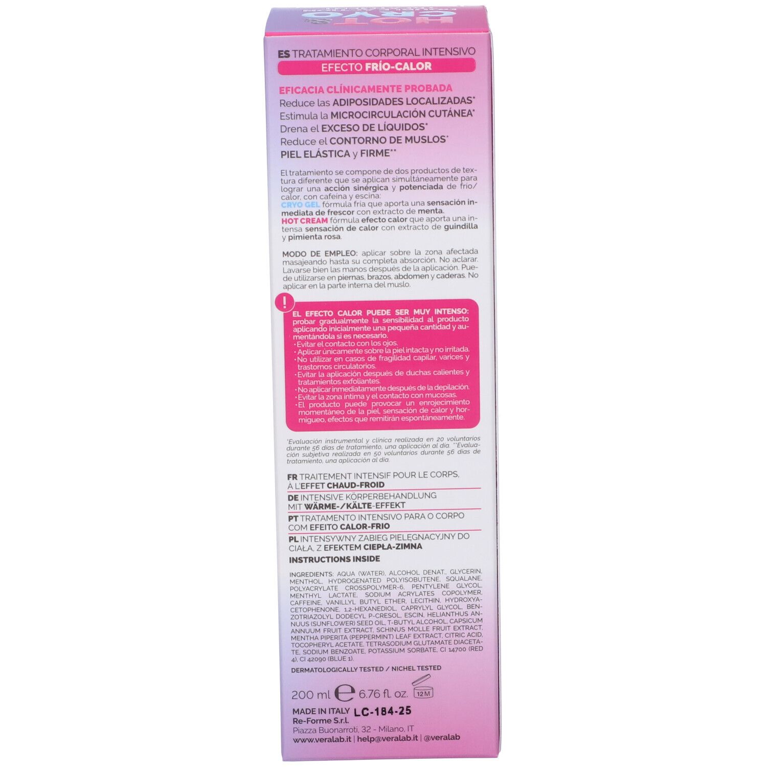 Retro della confezione del prodotto. Testo multilingue. Istruzioni per l'uso e ingredienti.