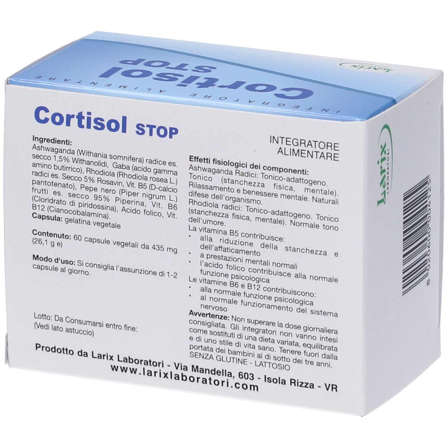 Retro della scatola di capsule 'Cortisol STOP'. Contiene ingredienti e istruzioni. Marchio Larix.