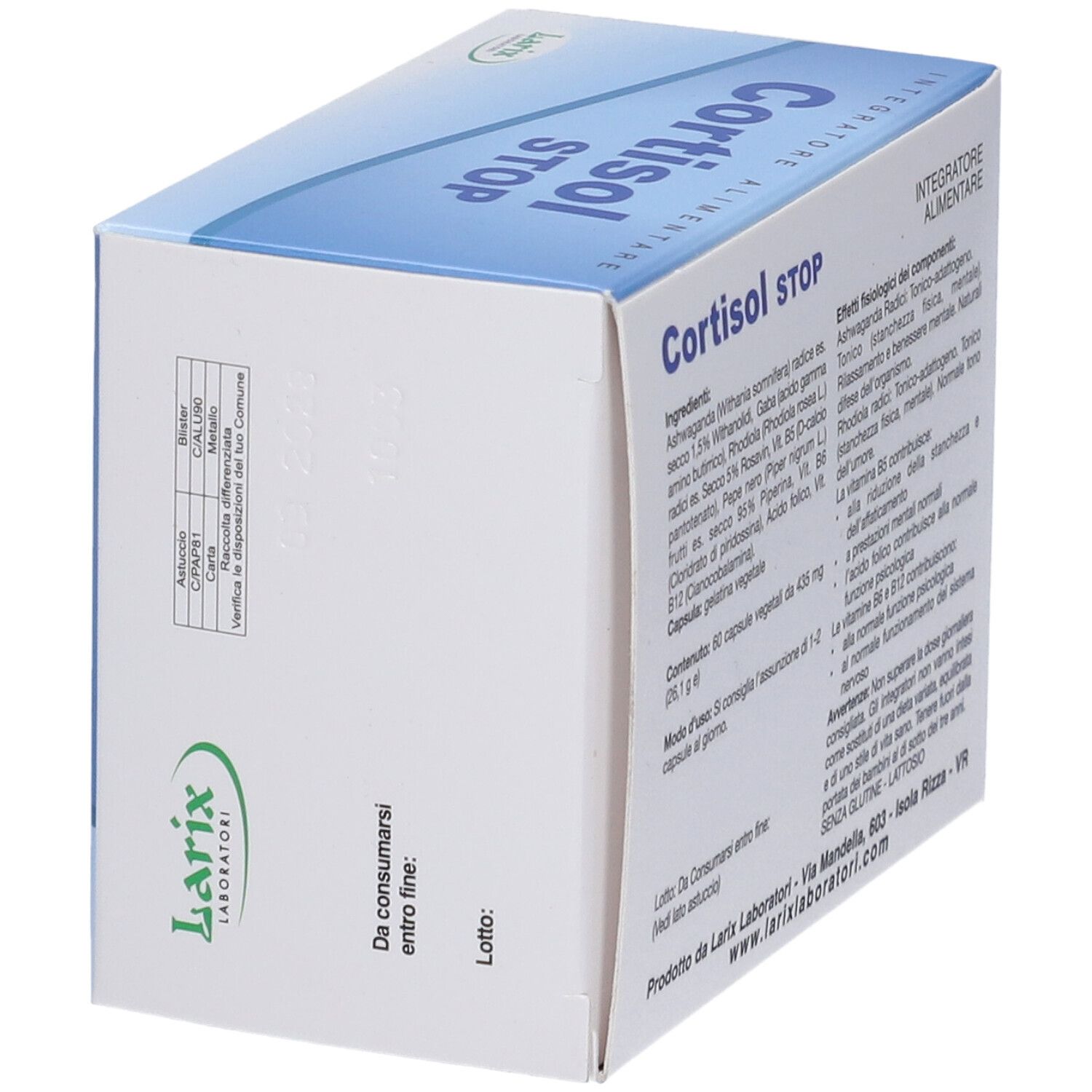 Vista obliqua della scatola di capsule 'Cortisol STOP'. Contiene ingredienti e istruzioni. Marchio Larix.