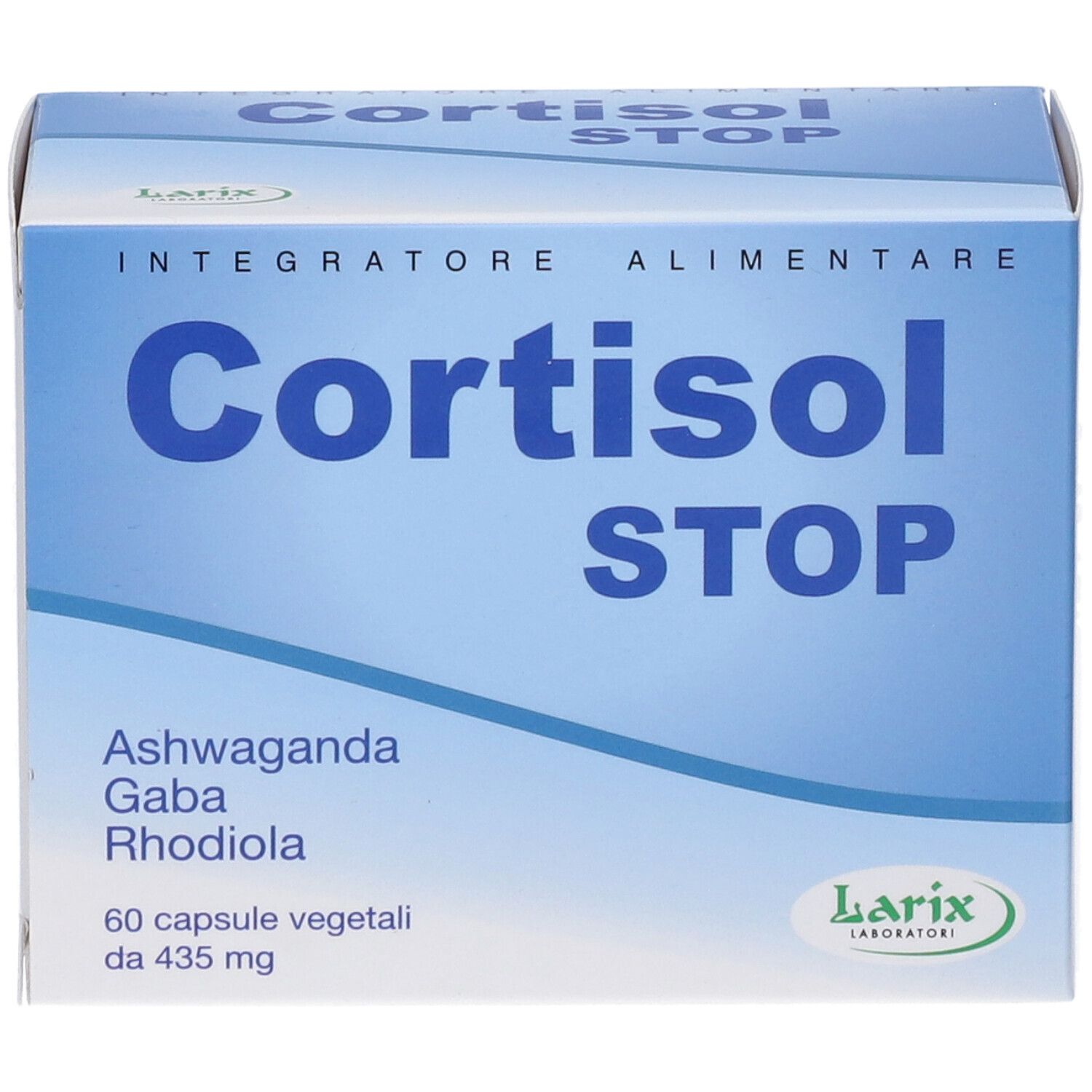 Vista frontale della scatola di capsule 'Cortisol STOP'. Confezione blu e bianca. Contiene 60 capsule. Marchio: Larix.