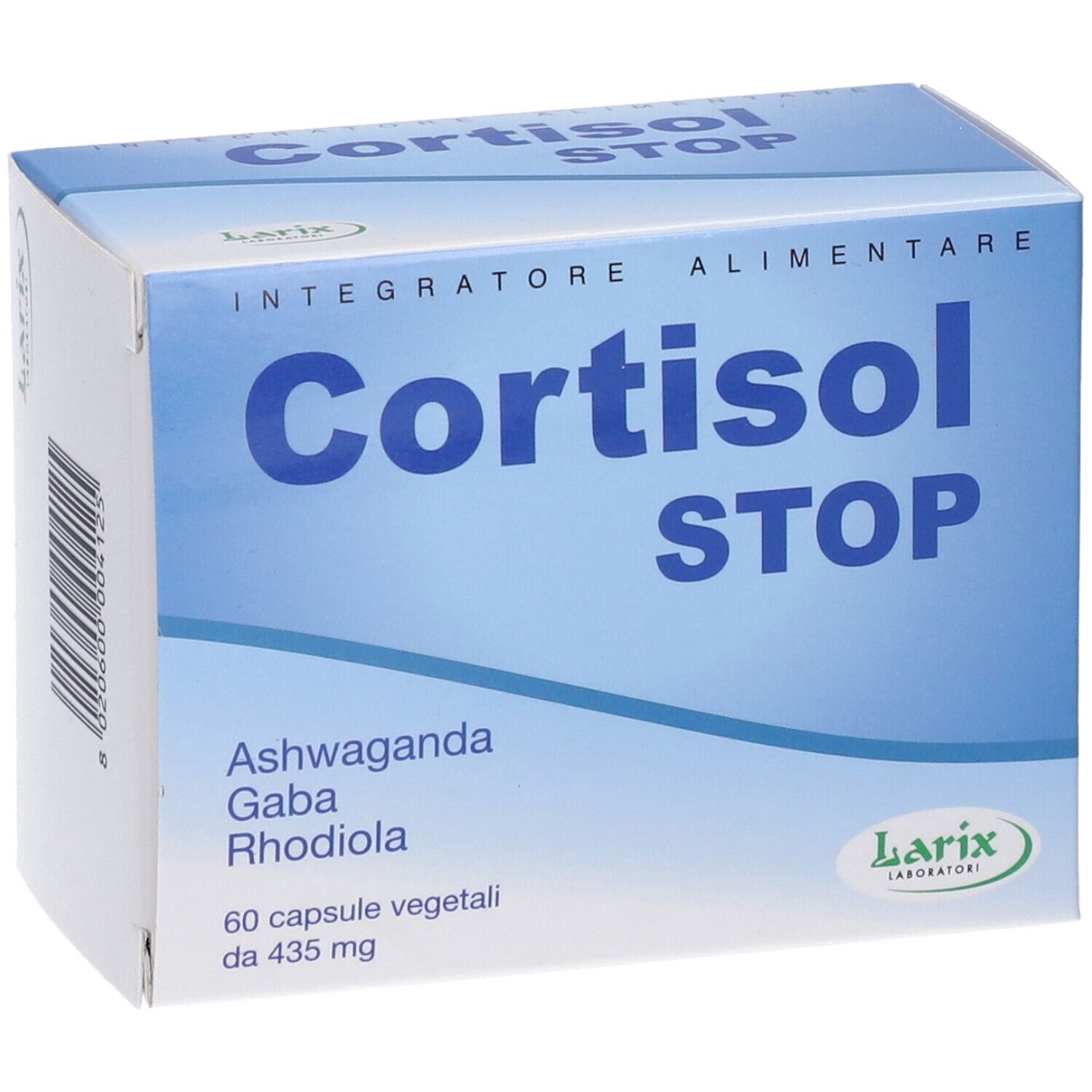 Vista frontale della scatola di capsule 'Cortisol STOP'. Confezione blu e bianca. Marchio Larix.