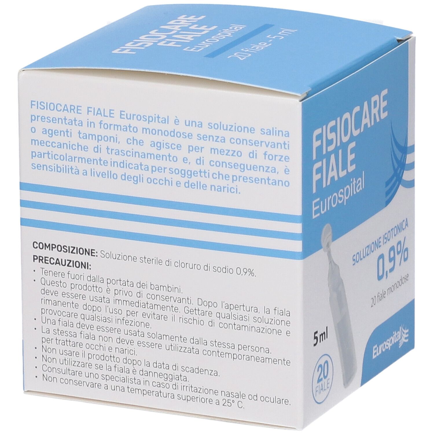 Retro della scatola di Fisiocare Fiale Eurospital. Testo in italiano. Contiene informazioni sulla composizione.