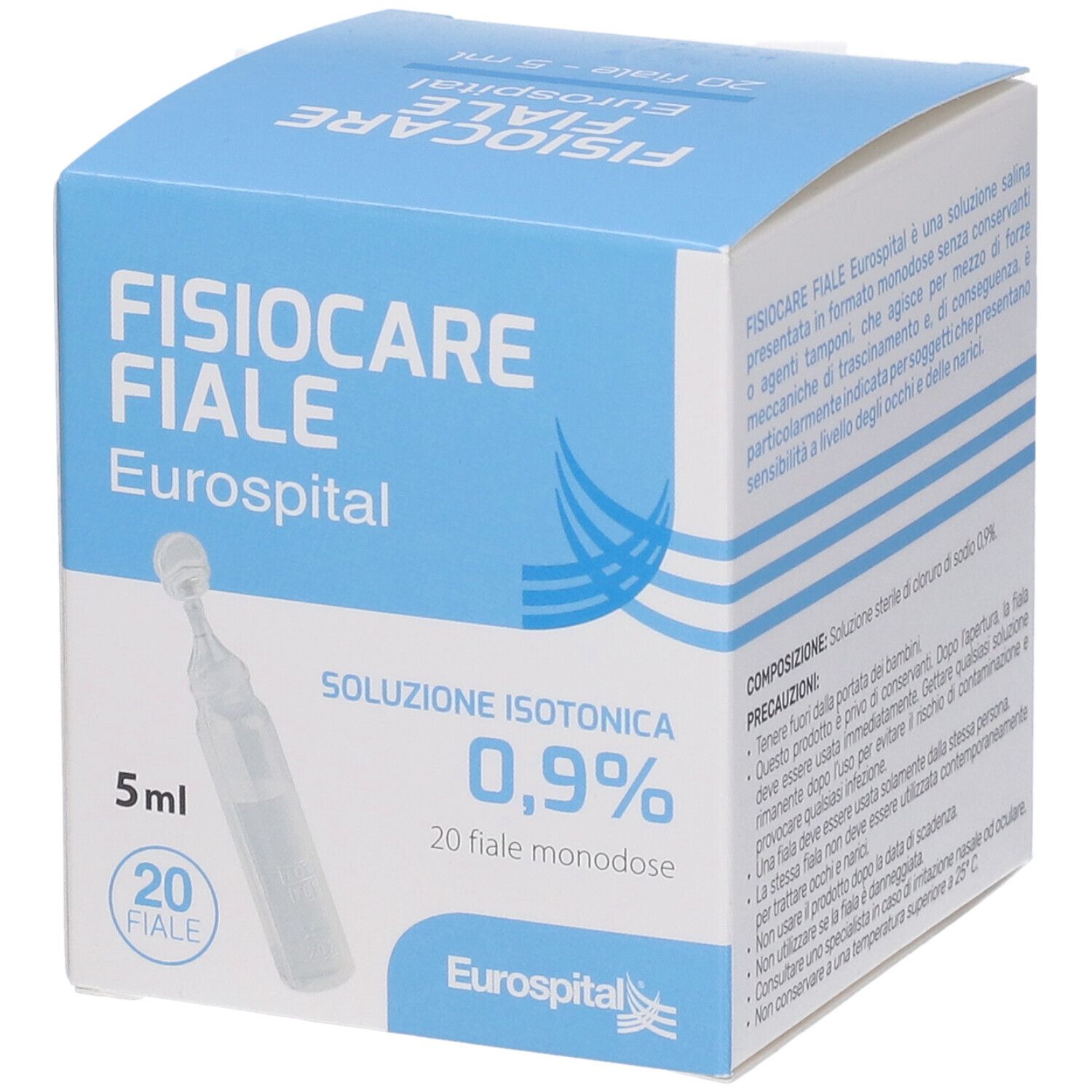Scatola di Fisiocare Fiale Eurospital. Contiene 20 fiale monodose di soluzione isotonica. Scritte in italiano.
