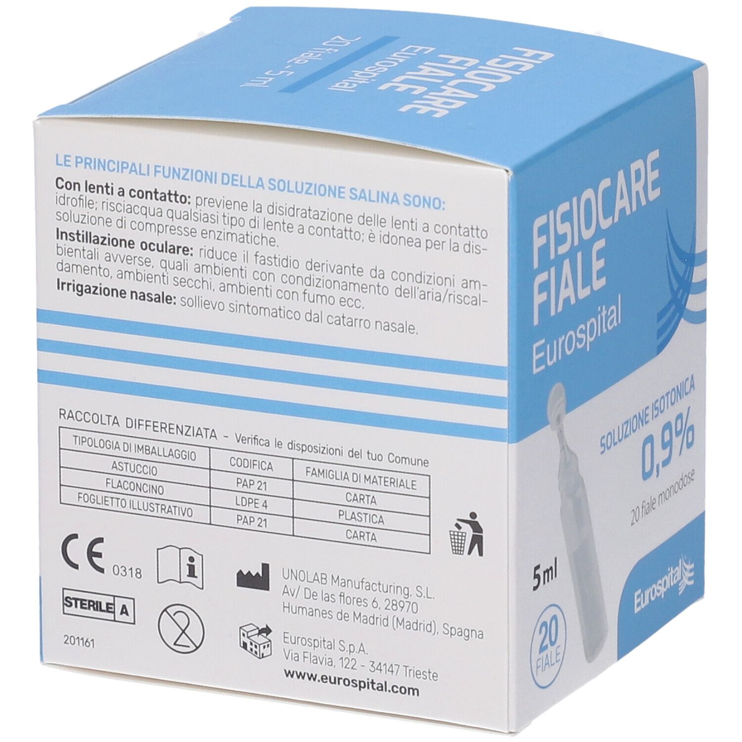 Retro della scatola di Fisiocare Fiale Eurospital. Testo in italiano. Contiene informazioni sull'uso.