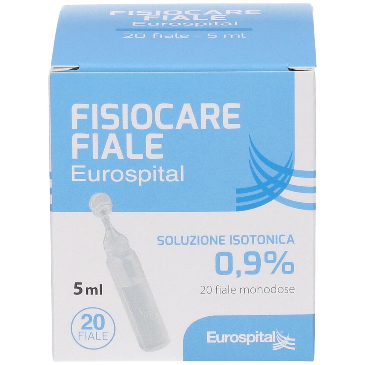 Scatola di Fisiocare Fiale Eurospital. Contiene 20 fiale monodose di soluzione isotonica. Scritte in italiano.
