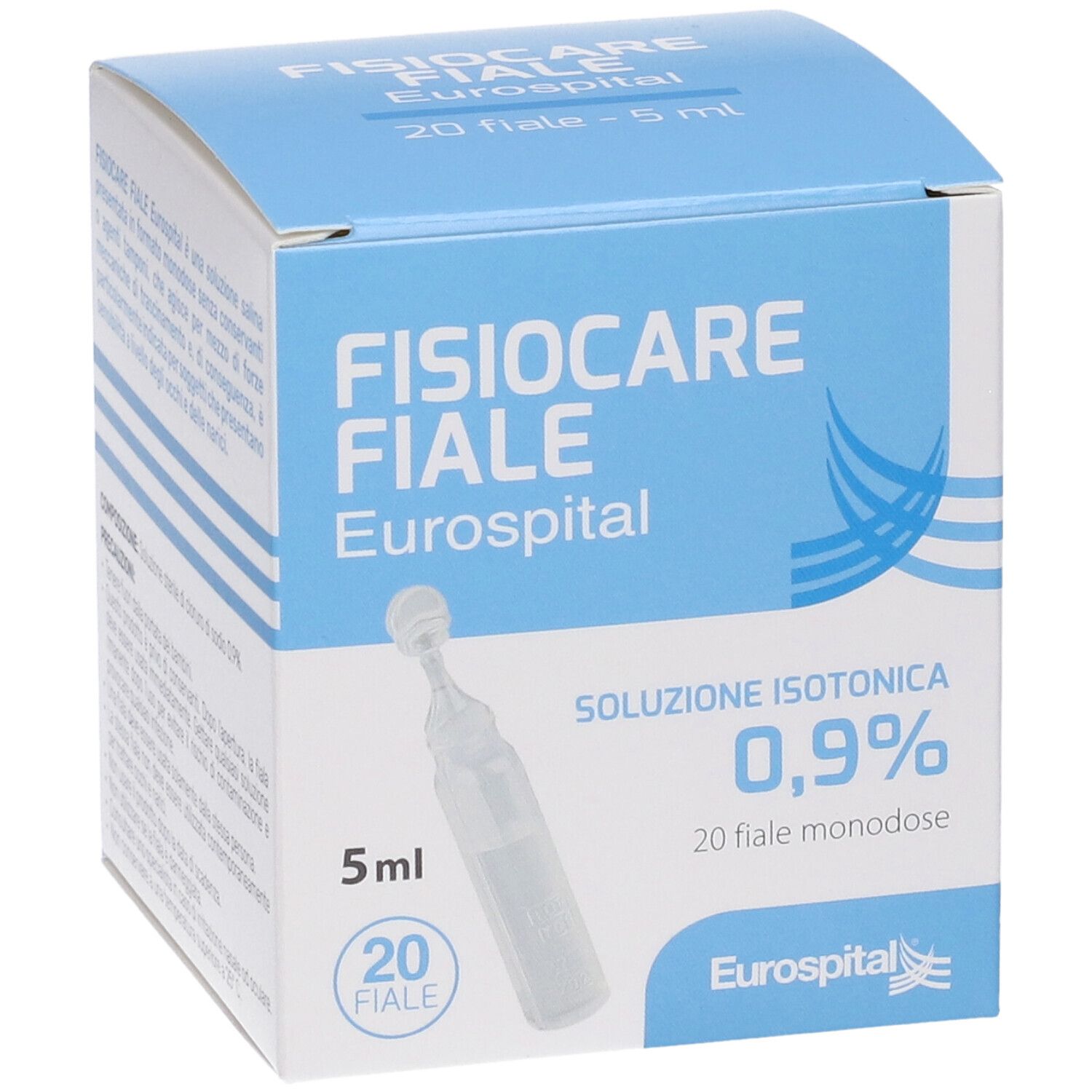 Scatola di Fisiocare Fiale Eurospital. Contiene 20 fiale monodose di soluzione isotonica. Scritte in italiano.