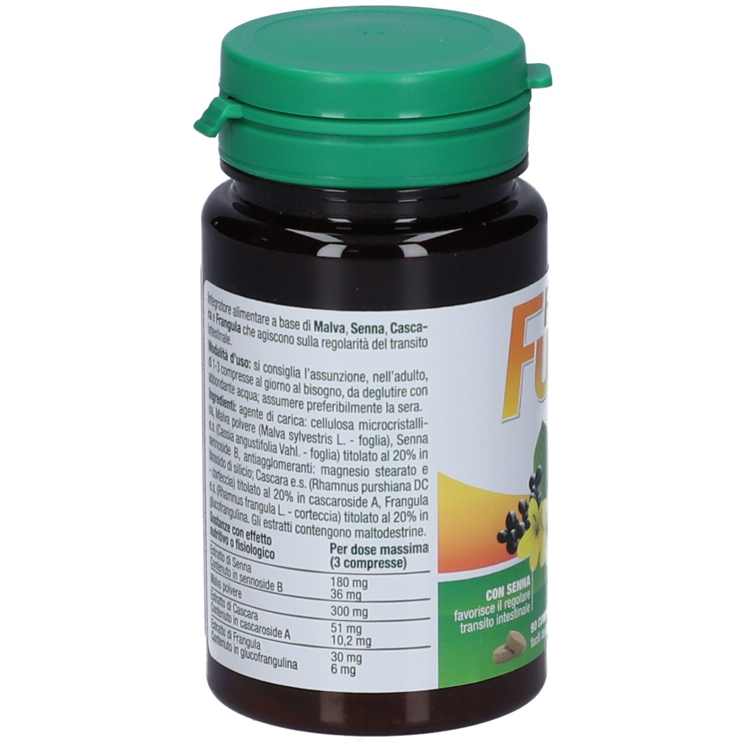 Retro del flacone. Testo con ingredienti e istruzioni per l'uso. Tappo verde. Flacone marrone.