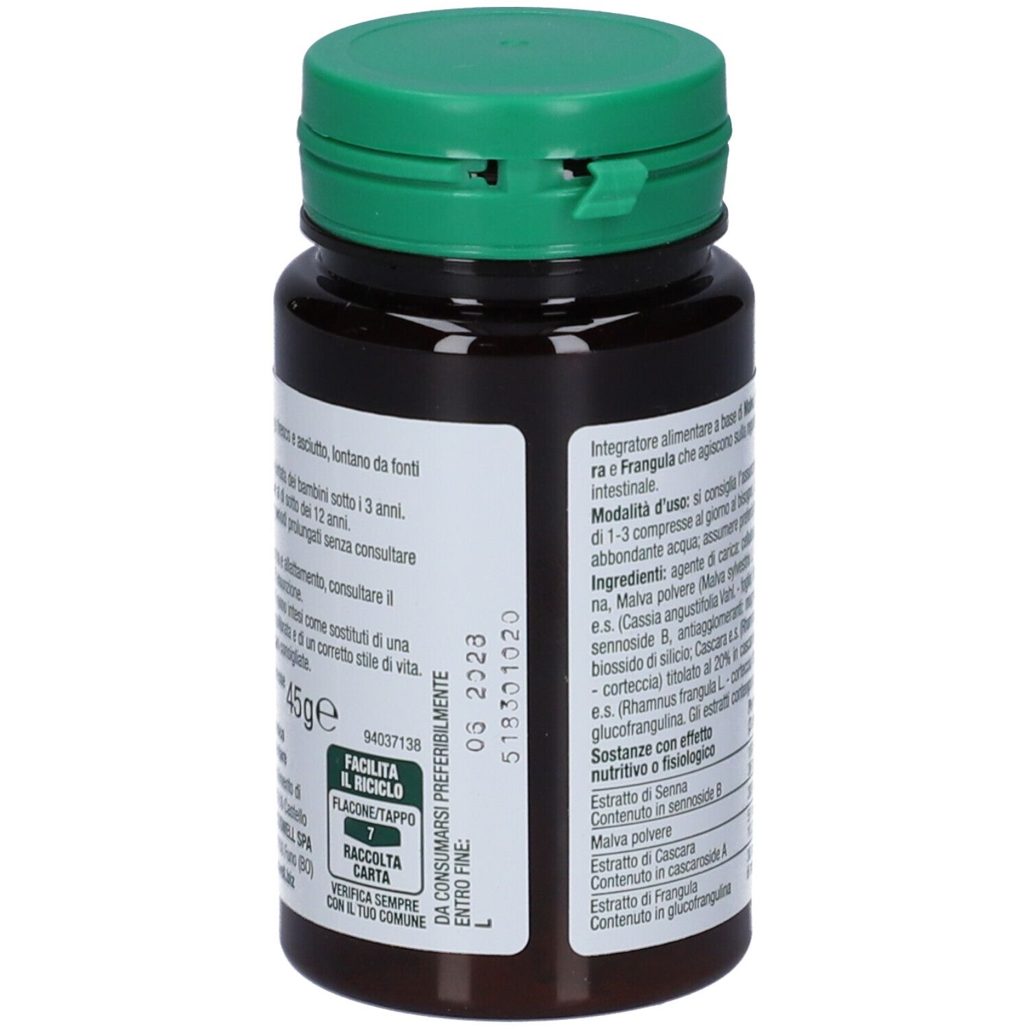 Retro del flacone. Testo con ingredienti e istruzioni per l'uso. Tappo verde. Flacone marrone.