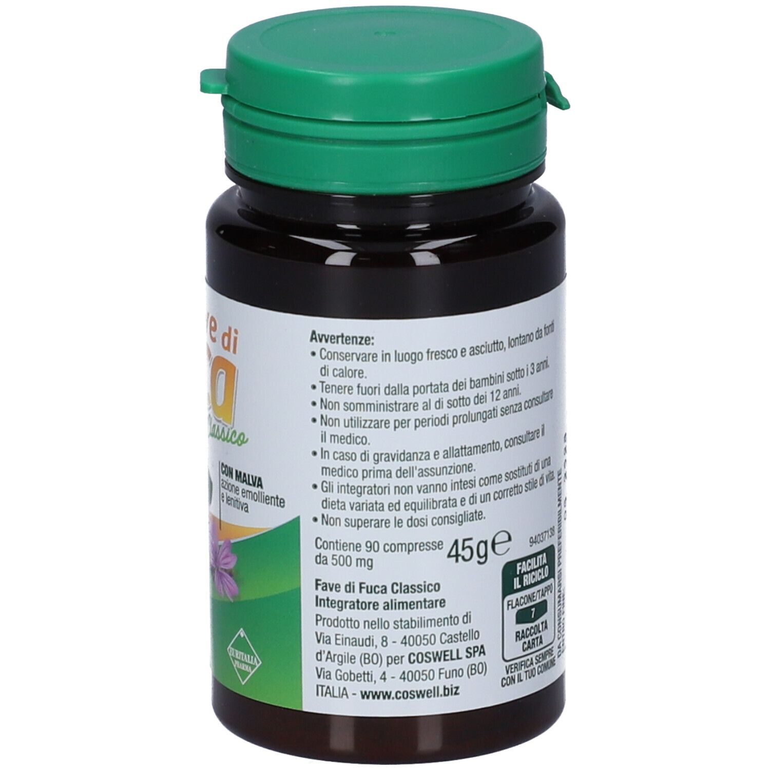 Retro del flacone. Testo con avvertenze e informazioni del produttore. Tappo verde. Flacone marrone.