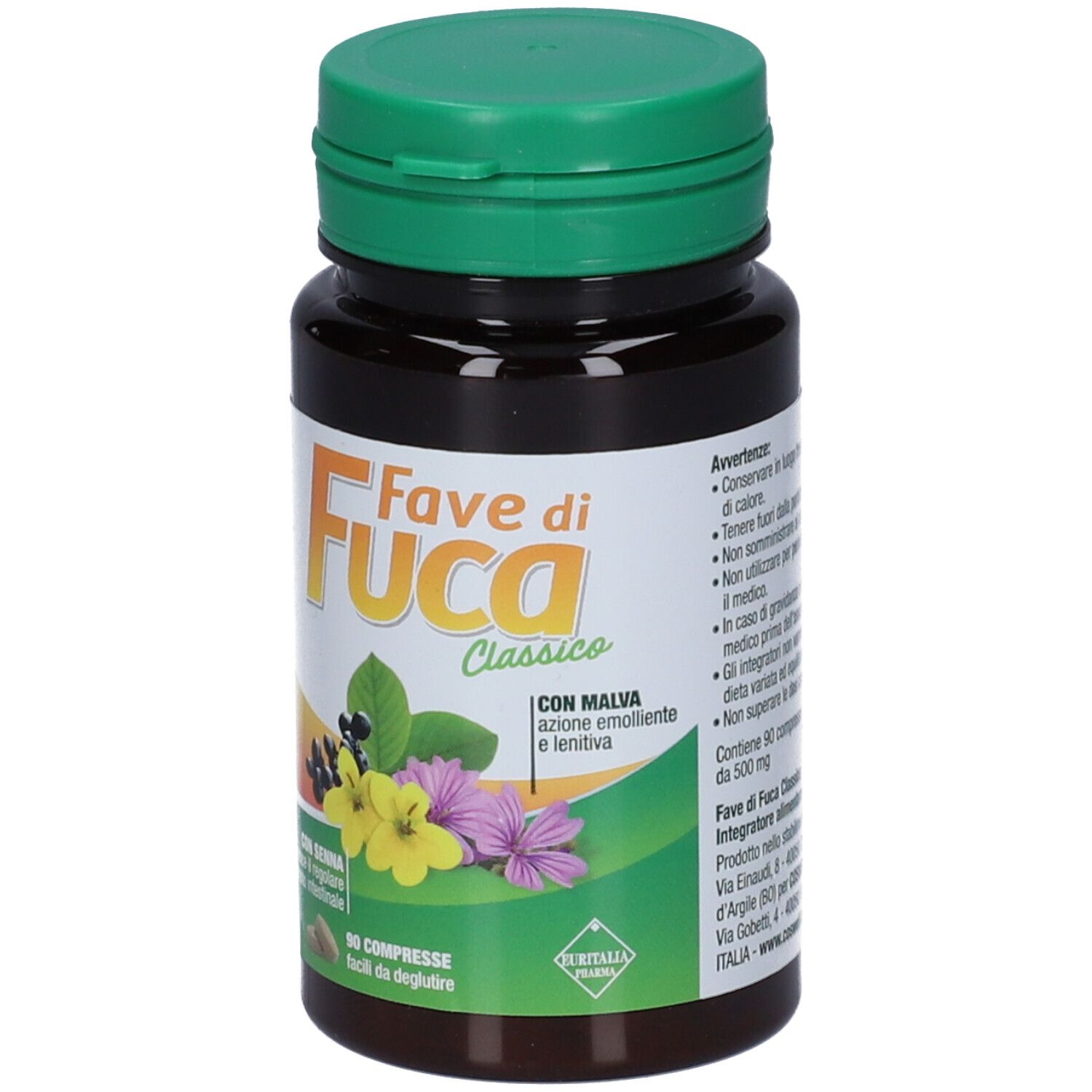 Flacone marrone con tappo verde. Scritta: Fave di Fuca Classico. Contiene 90 compresse. Con Malva e Senna.