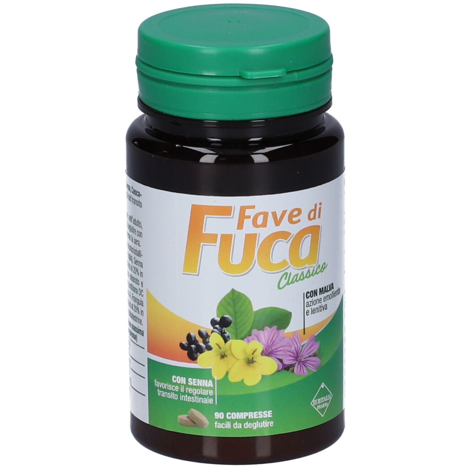 Flacone marrone con tappo verde. Scritta: Fave di Fuca Classico. Contiene 90 compresse. Con Malva e Senna.