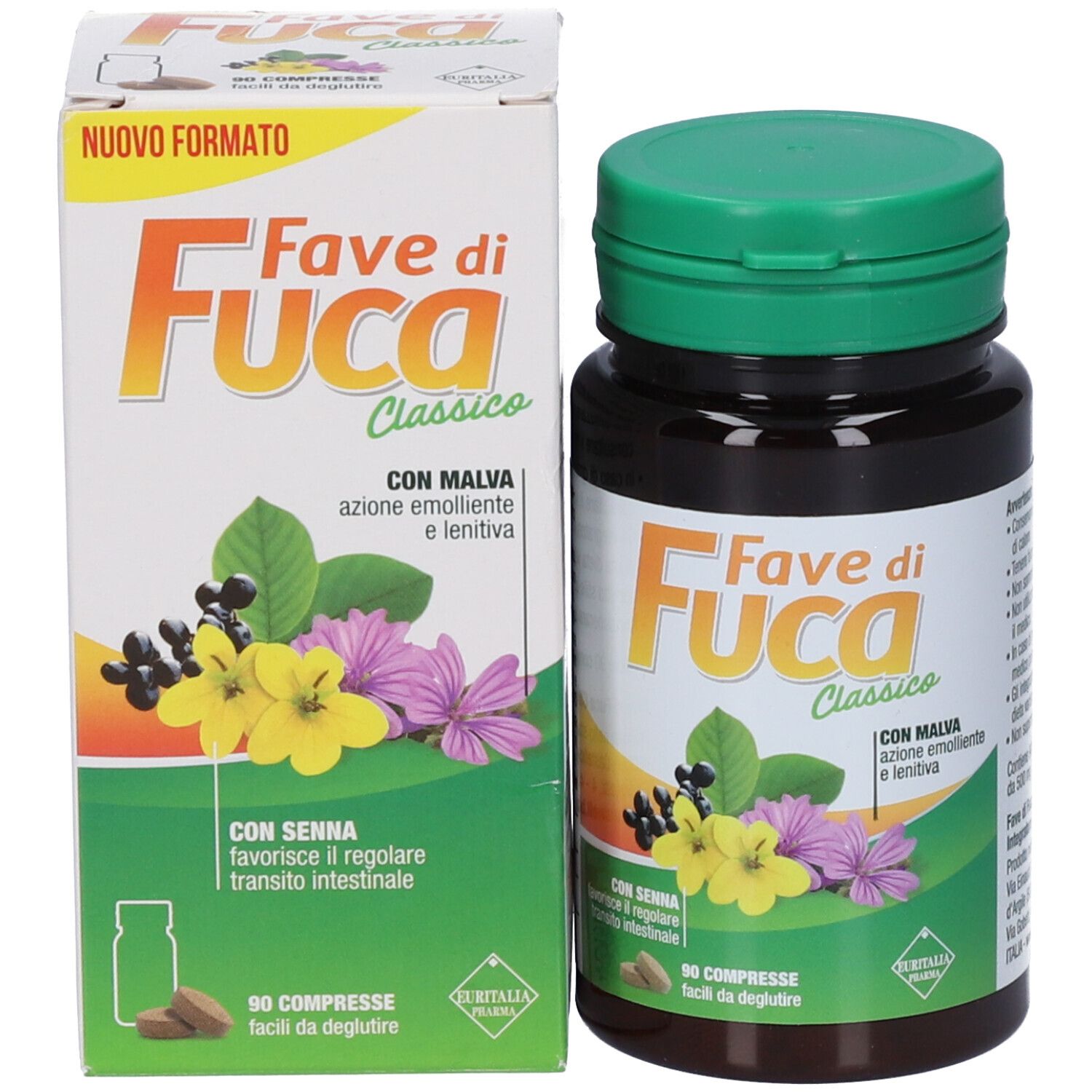 Confezione e flacone del prodotto. Scritta: Fave di Fuca Classico. Contiene 90 compresse. Con Malva e Senna.