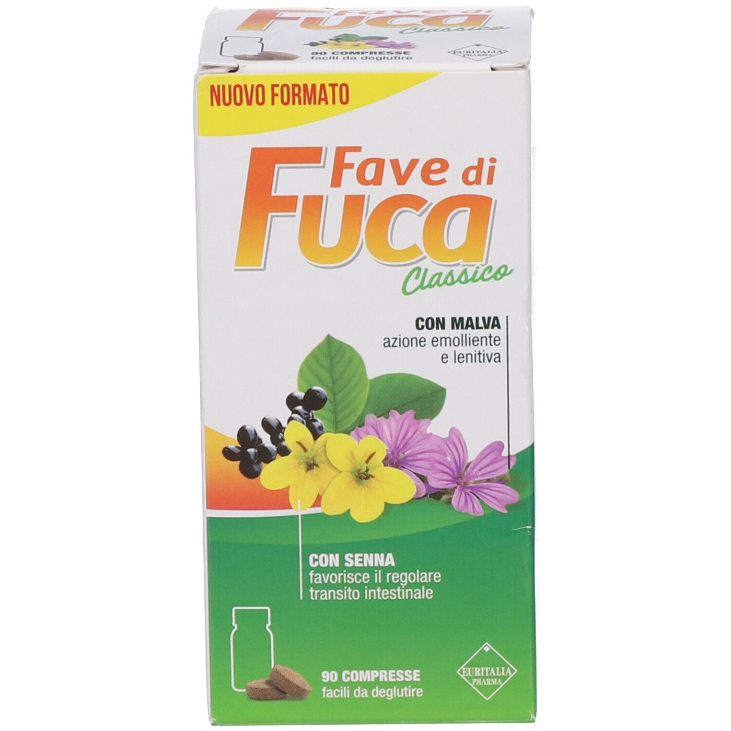 Confezione del prodotto. Scritta: Fave di Fuca Classico. Contiene 90 compresse. Con Malva e Senna.