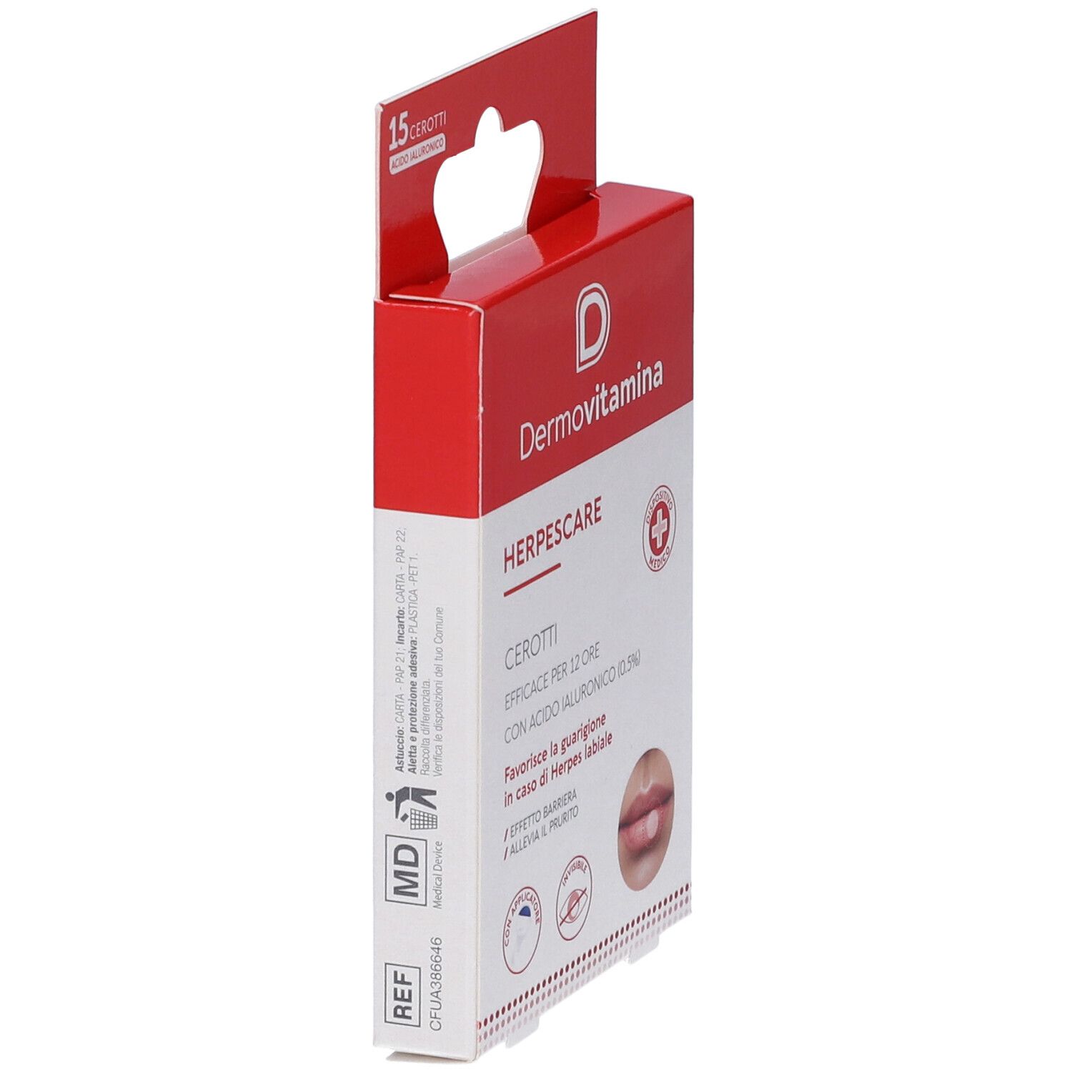 Confezione Dermovitamina Herpescare Cerotti. Vista laterale, scatola rossa e bianca con informazioni.